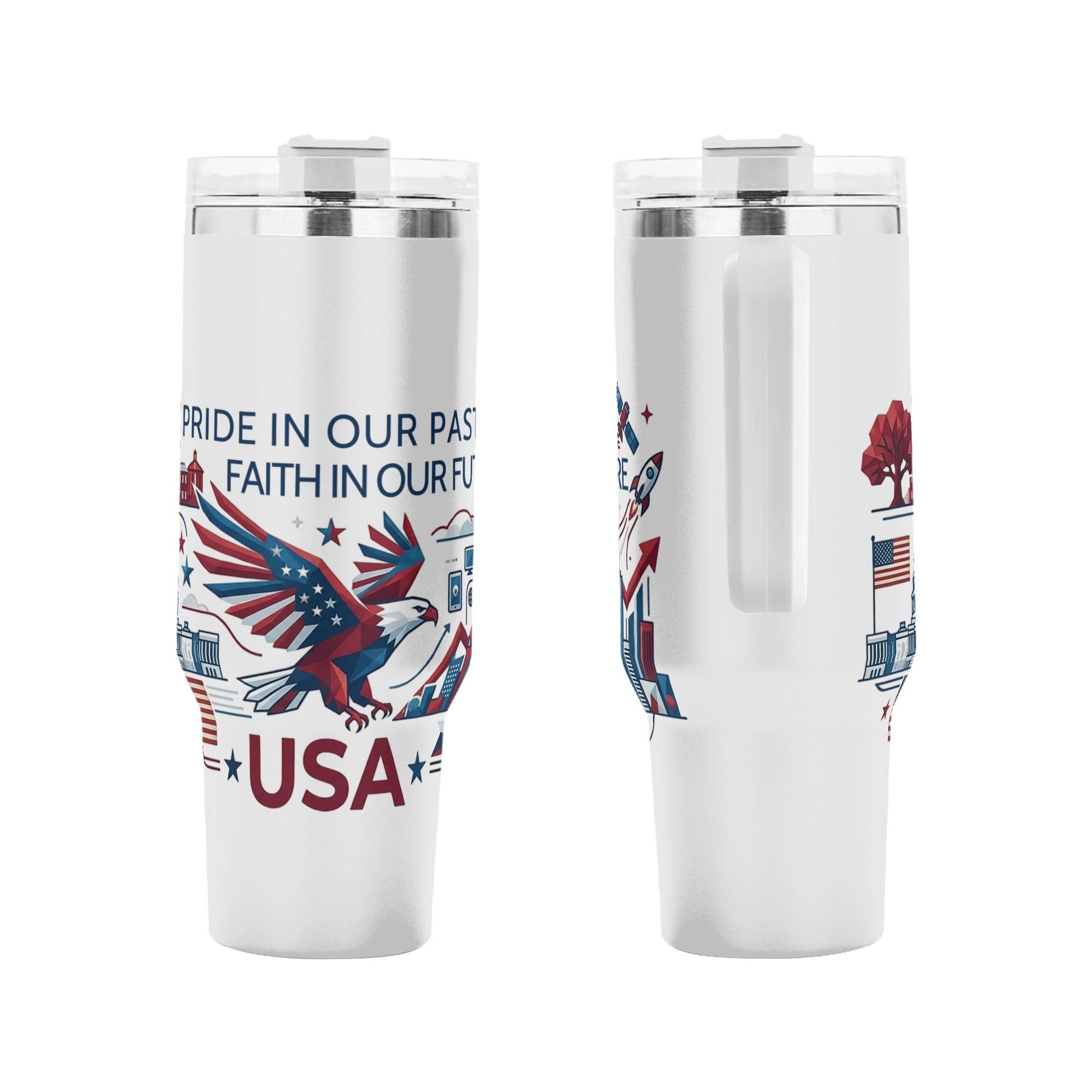Front and back shot of 1776-2026 semiquincentennial tumbler, low-poly bald eagle USA past & future landmark printed stainless steel travel mug with side handle