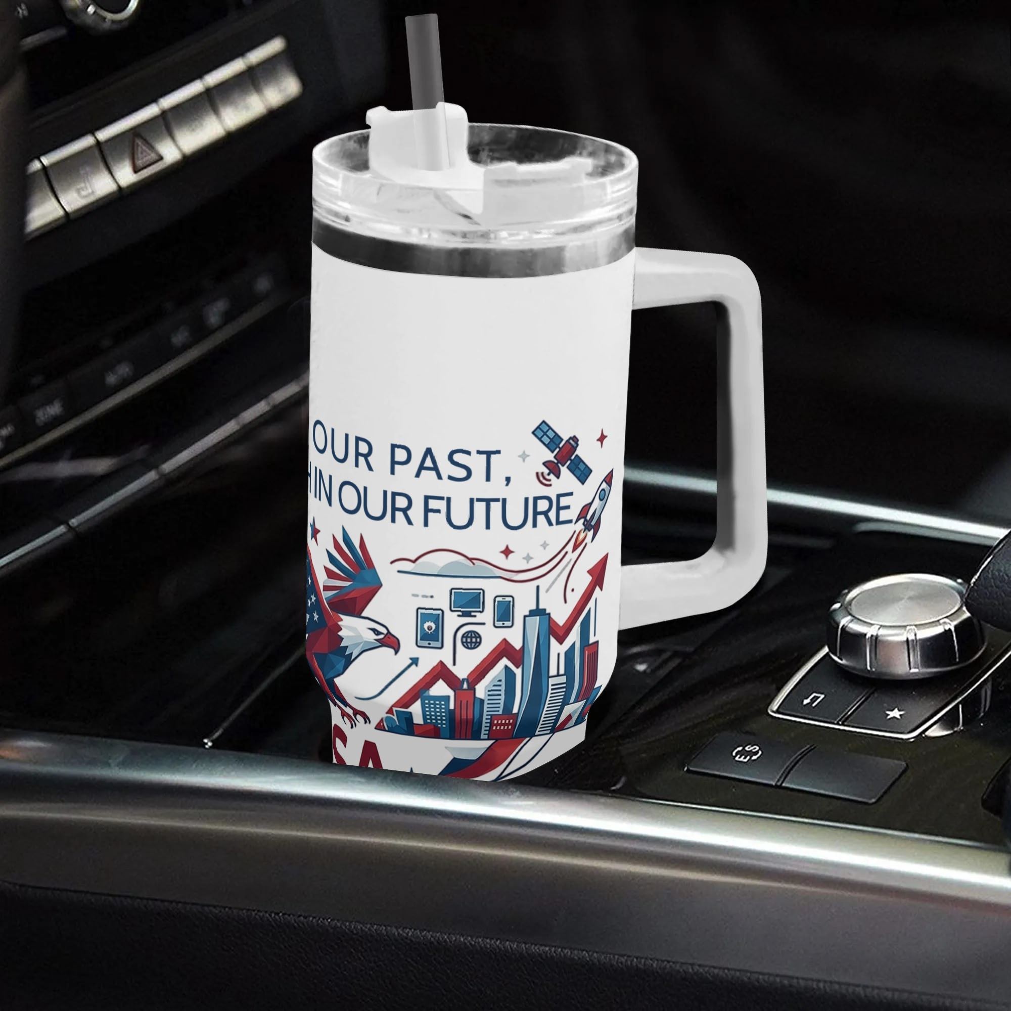 40oz USA 250th semiquincentennial tumbler with handle resting in car gear console, geometric bald eagle "Pride In Our Past Faith In Our Future" full wrap patriotic insulated stainless steel travel mug