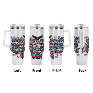Past & Future eagle satellite graffiti tumbler four-view display, full splash drip patriotic freedom unity print large insulated cup with ergonomic grip handle
