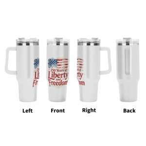 250 Years Liberty Freedom vintage flag tumbler four-view showcase, full wrap patriotic faded print large insulated cup with ergonomic grip handle