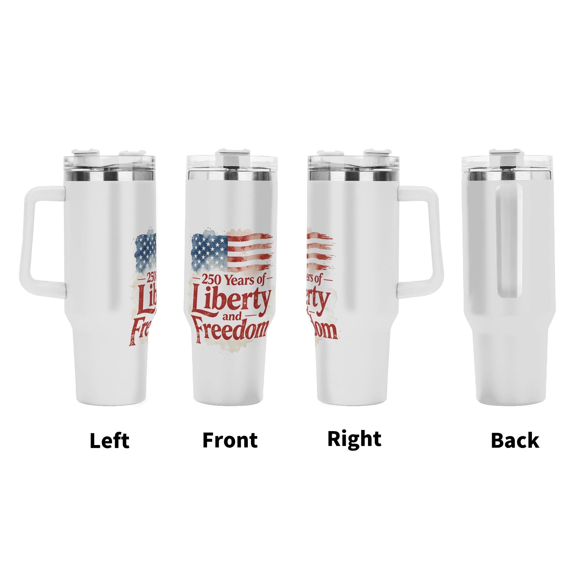 250 Years Liberty Freedom vintage flag tumbler four-view showcase, full wrap patriotic faded print large insulated cup with ergonomic grip handle