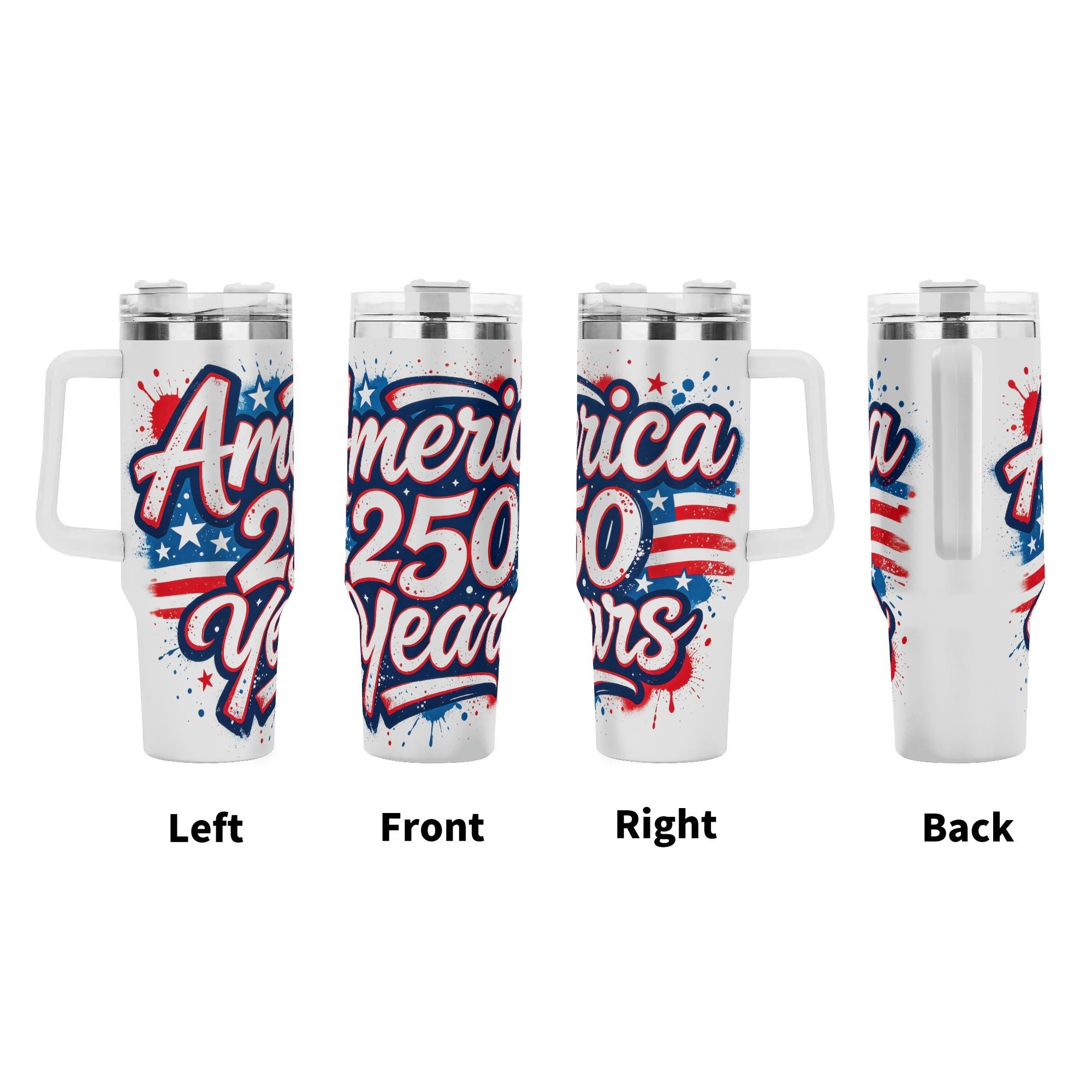 America 250 Years graffiti tumbler four-side display, splatter street art patriotic full wrap print large insulated cup with grip handle