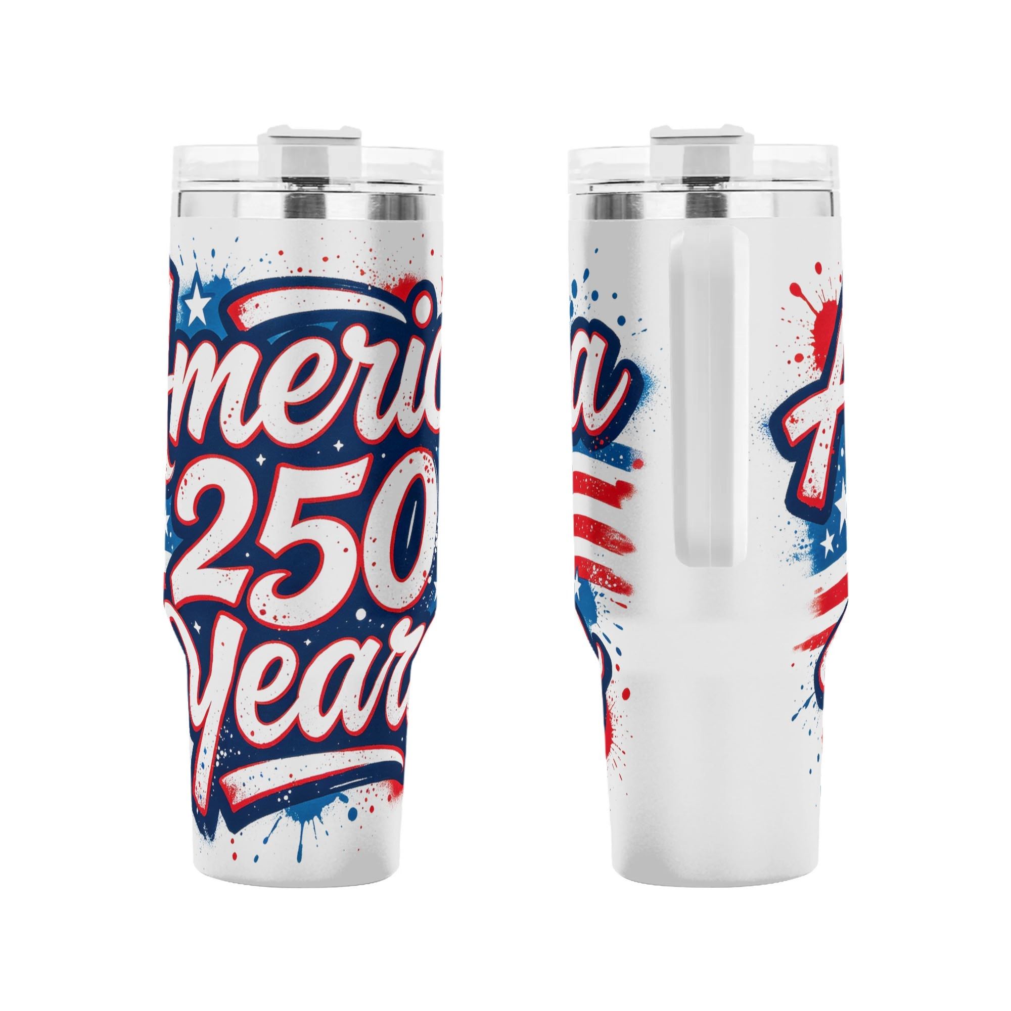 Front and back view of 1776-2026 semiquincentennial tumbler, bold splash graffiti "America 250 Years" star stripe printed stainless steel travel mug with handle