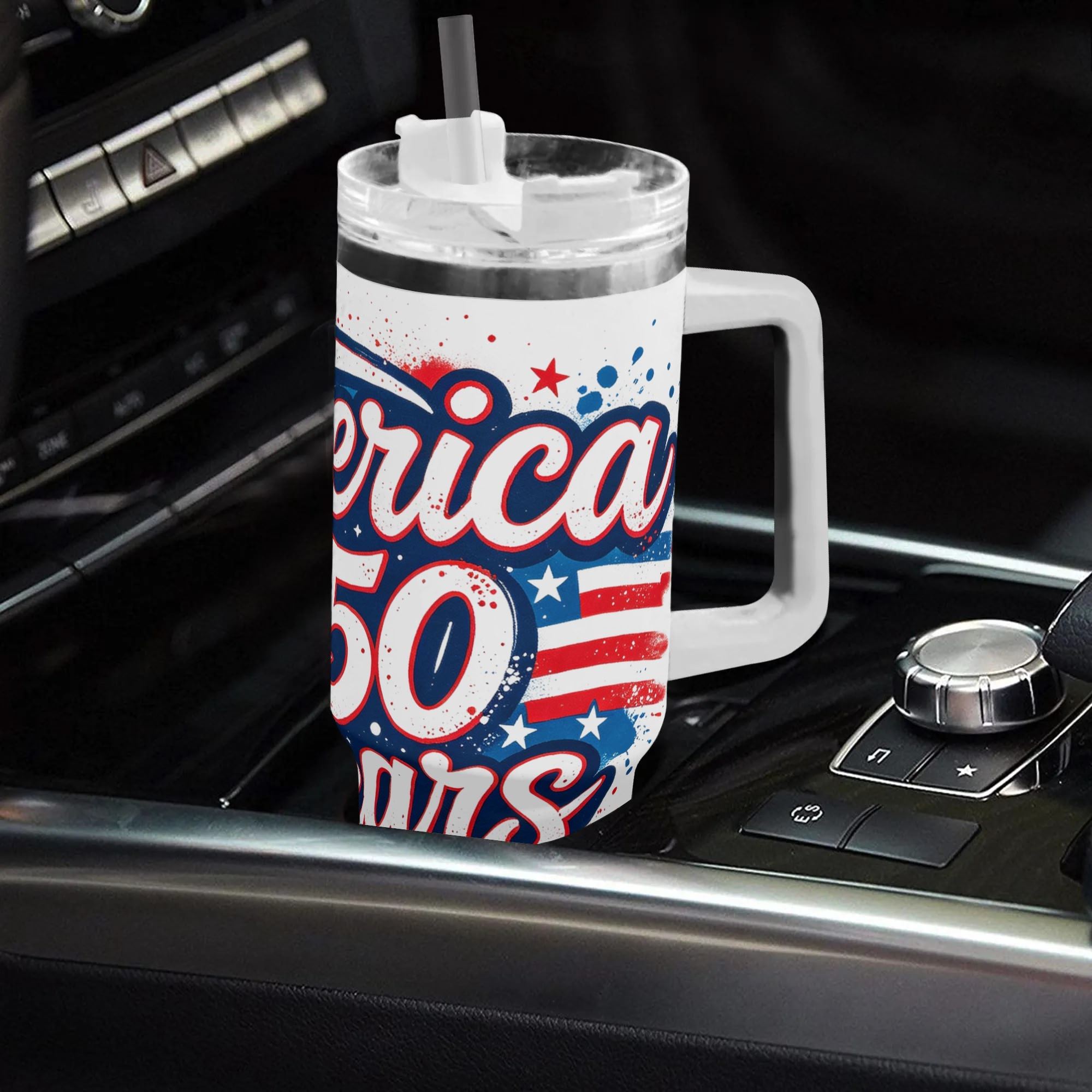 40oz USA 250th semiquincentennial tumbler with handle in car cup holder, graffiti splatter star stripe "America 250 Years" full wrap insulated stainless steel travel mug