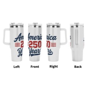 Left front right back full wrap views of retro textured America 250 Years red blue letter patriotic stainless tumbler