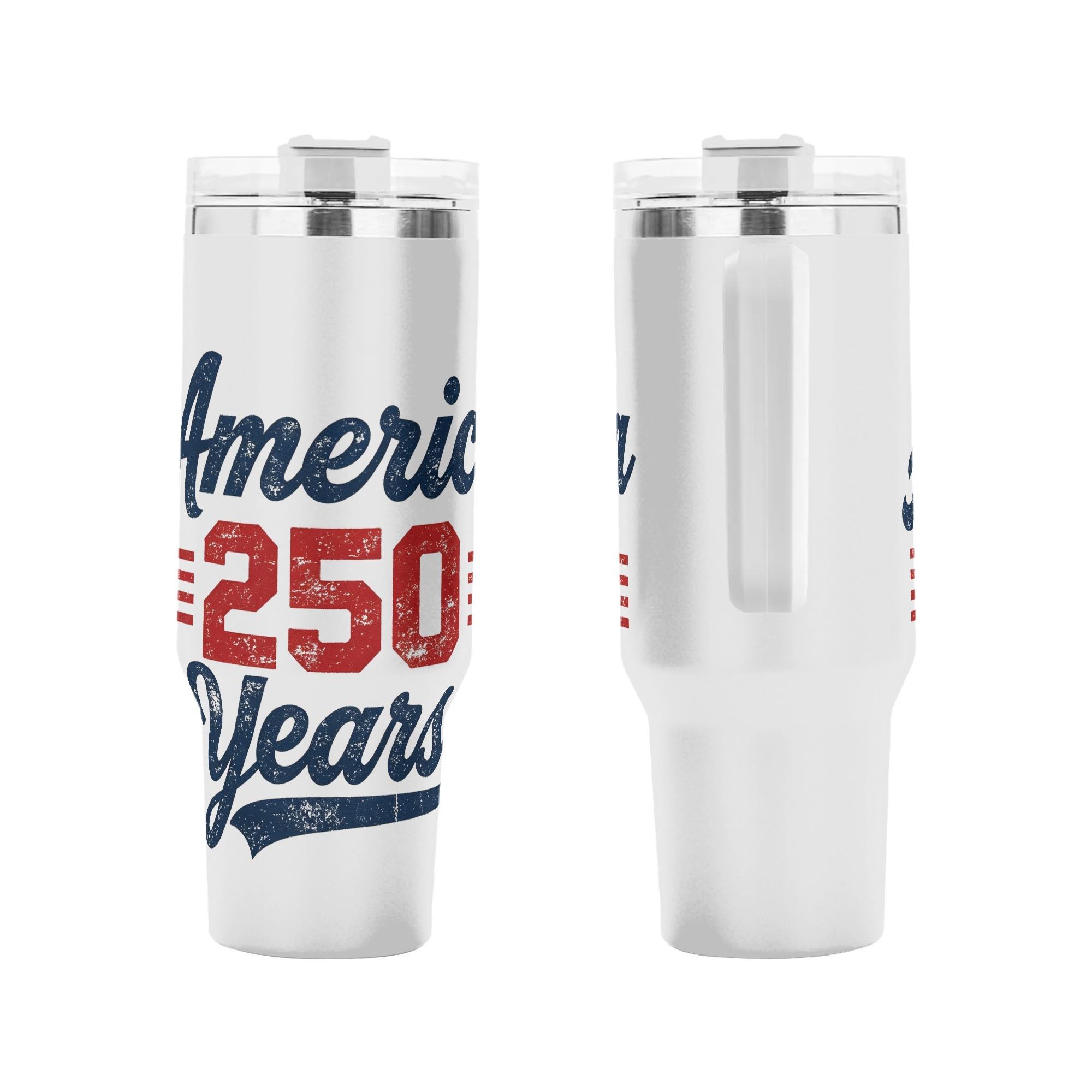 Close-up of full wrap vintage distressed "America 250 Years" insulated tumbler celebrating USA’s 250 anniversary