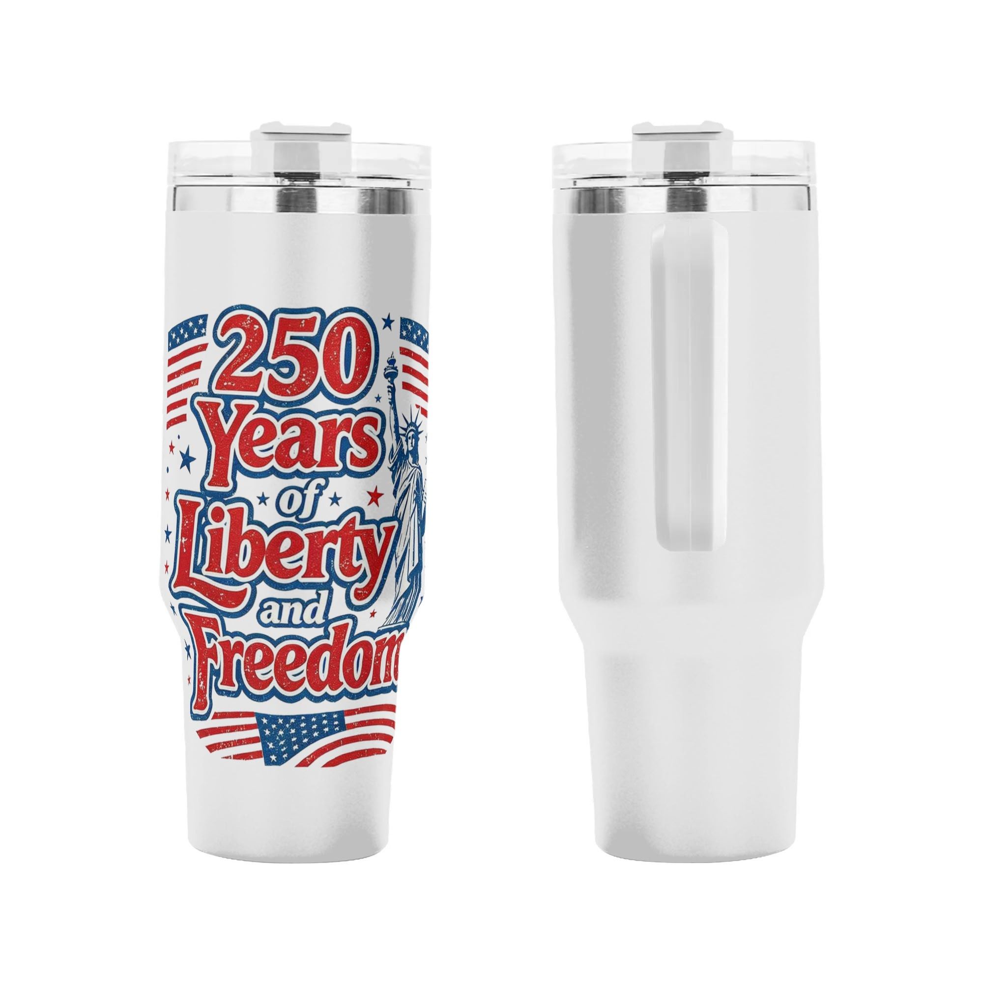 Statue of Liberty USA flag graphic tumbler close up