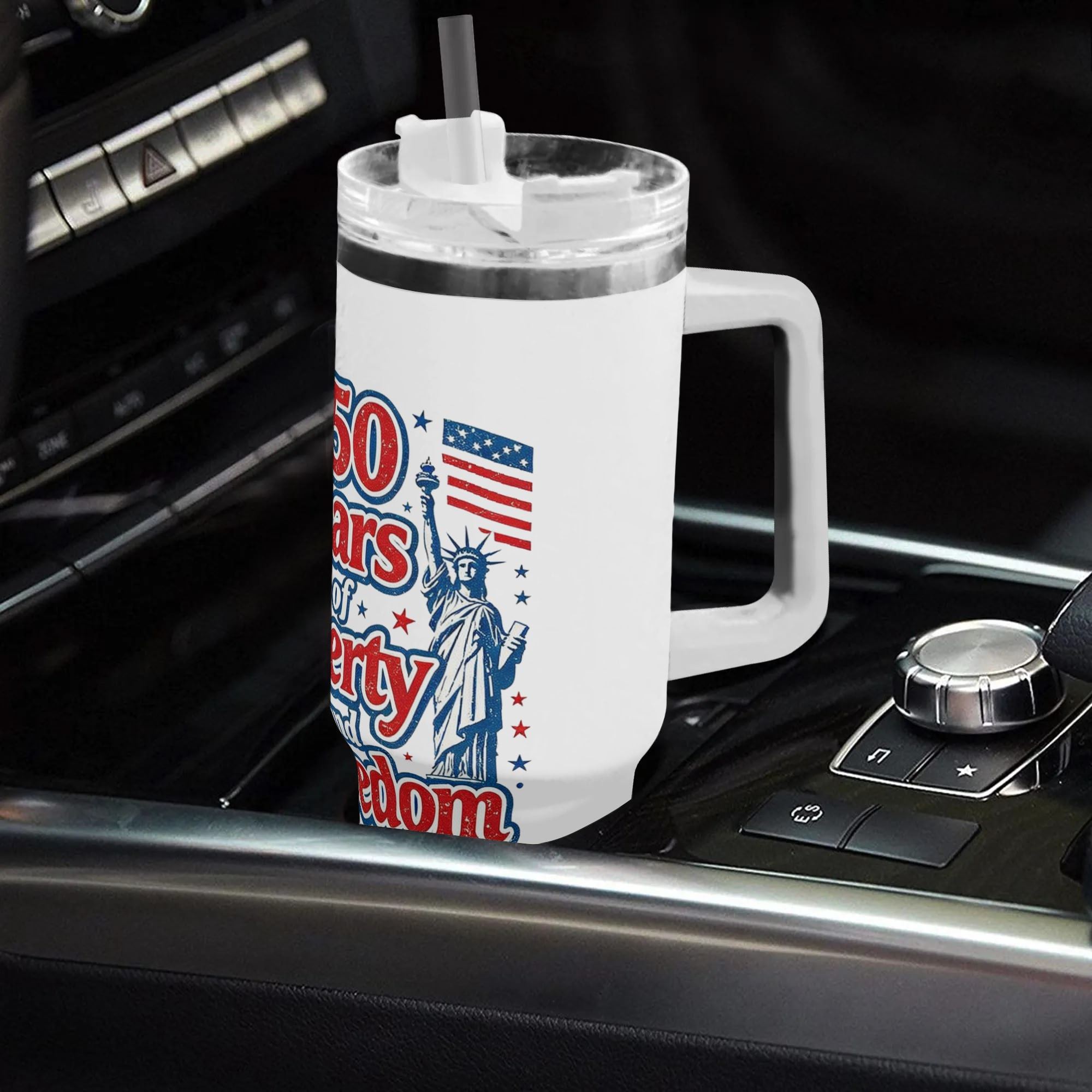 White 40oz handle tumbler with 250 Years of Liberty Statue of Liberty print in car holder