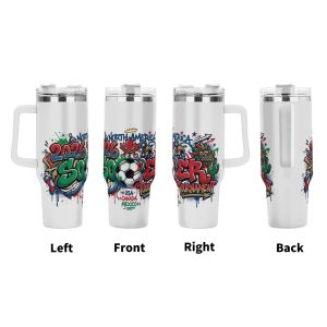Four-view showcase of 2026 joint-host mascot graffiti soccer tumbler, full-wrap spray drip national symbol print insulated cup with ergonomic handle