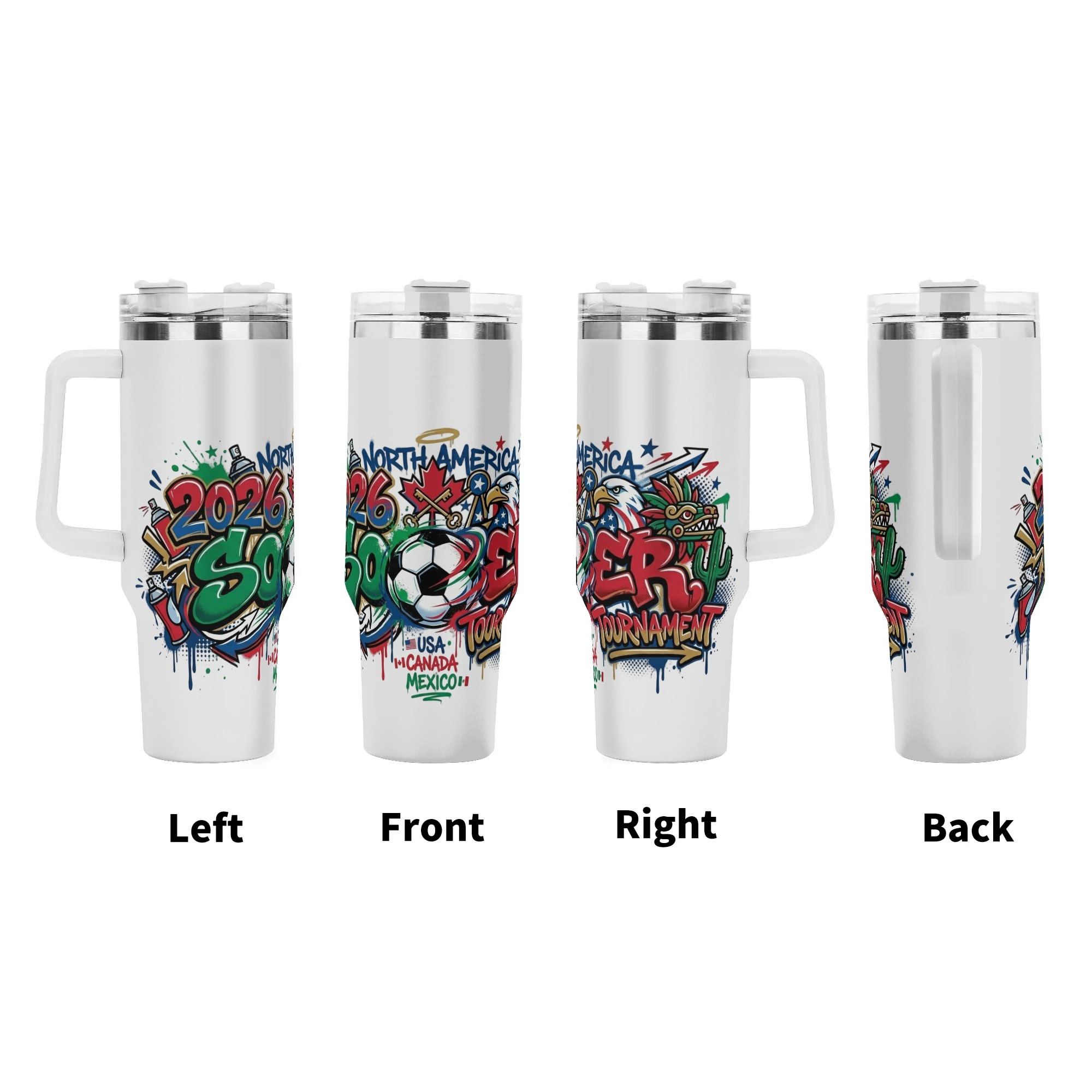 Four-view showcase of 2026 joint-host mascot graffiti soccer tumbler, full-wrap spray drip national symbol print insulated cup with ergonomic handle