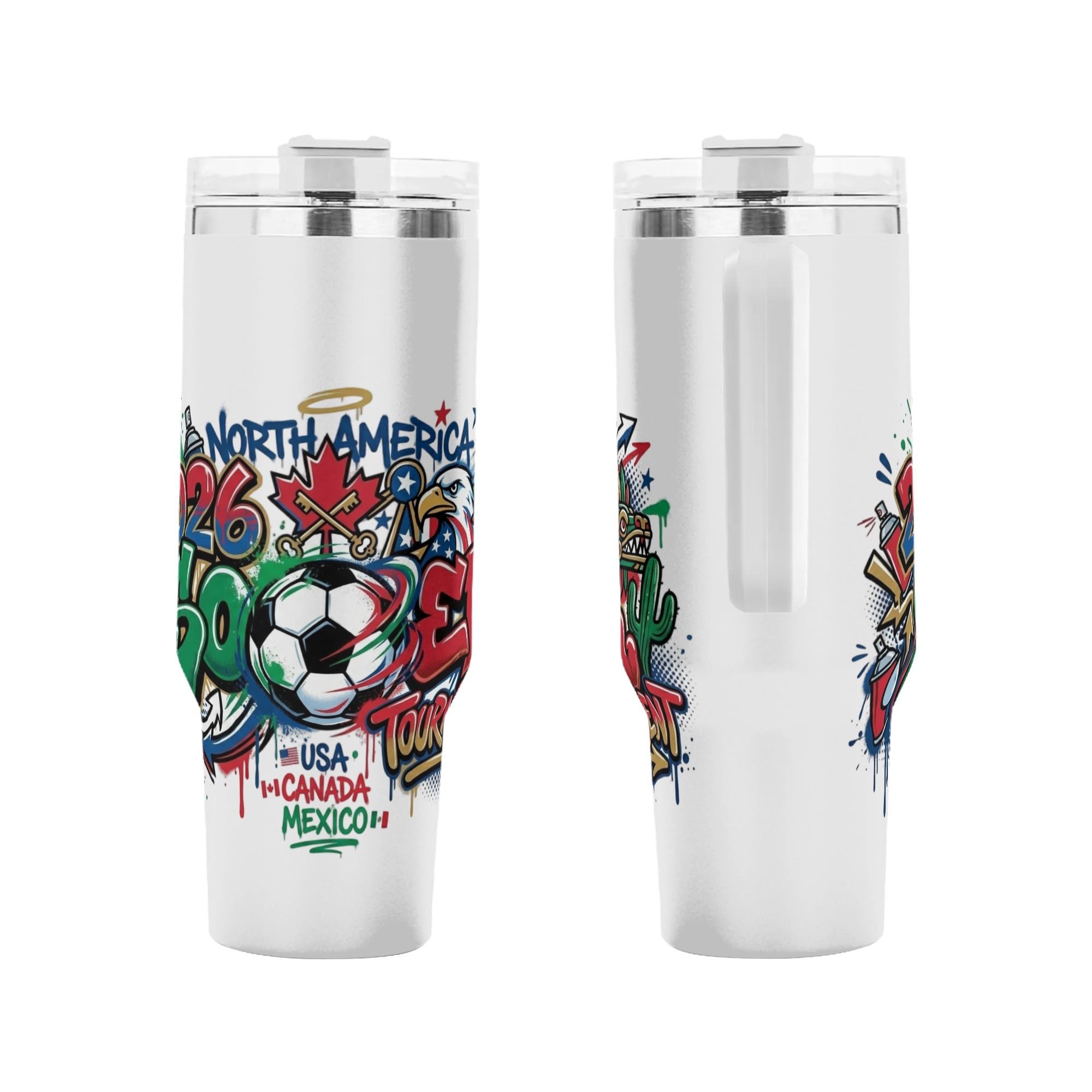 Front and side close-up of North America 2026 eagle quetzal graffiti tumbler, colorful street art patriotic graphic stainless steel travel mug with integrated side handle