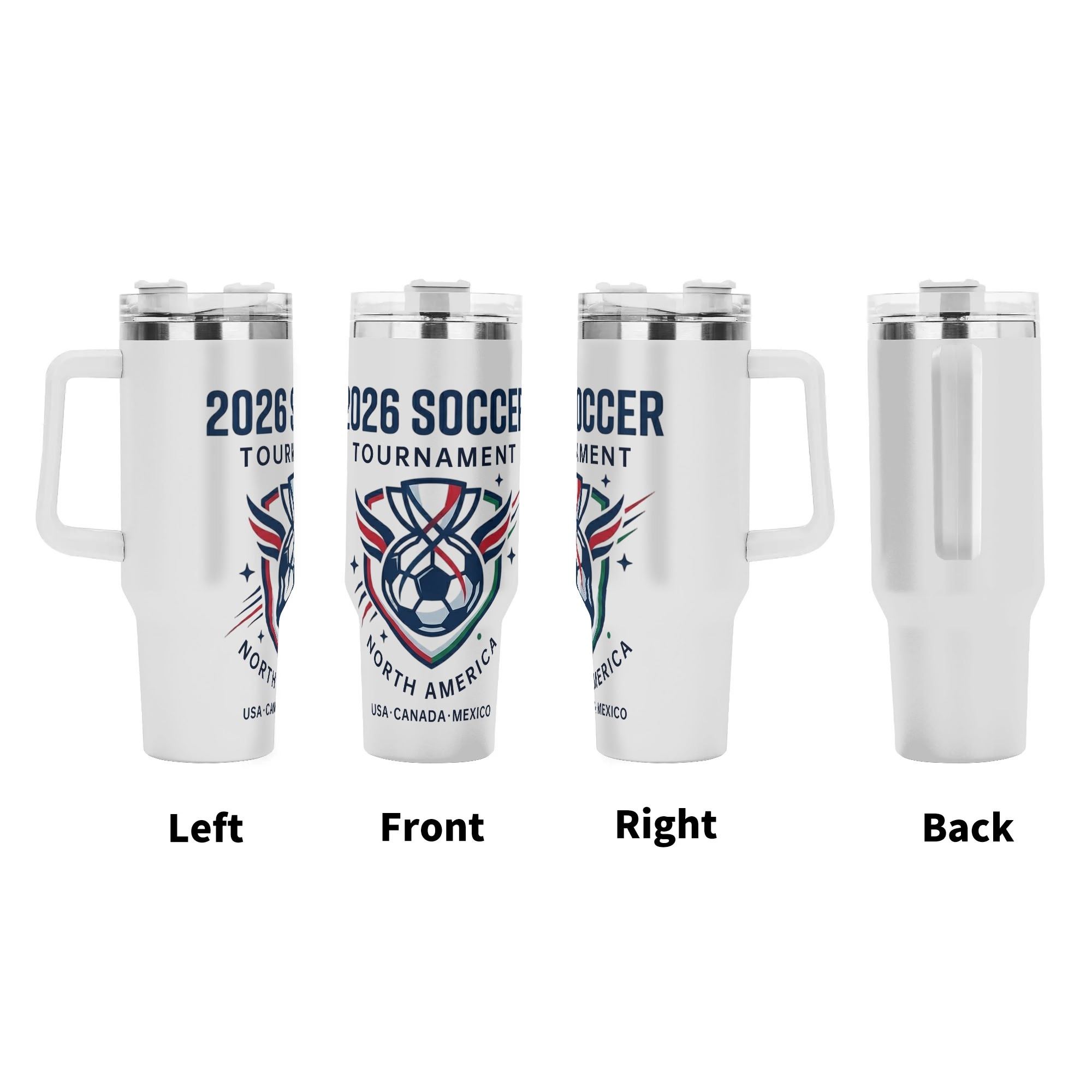 North America 2026 soccer shield emblem tumbler four-view showcase, full wrap minimalist sport badge print large insulated cup with ergonomic grip handle