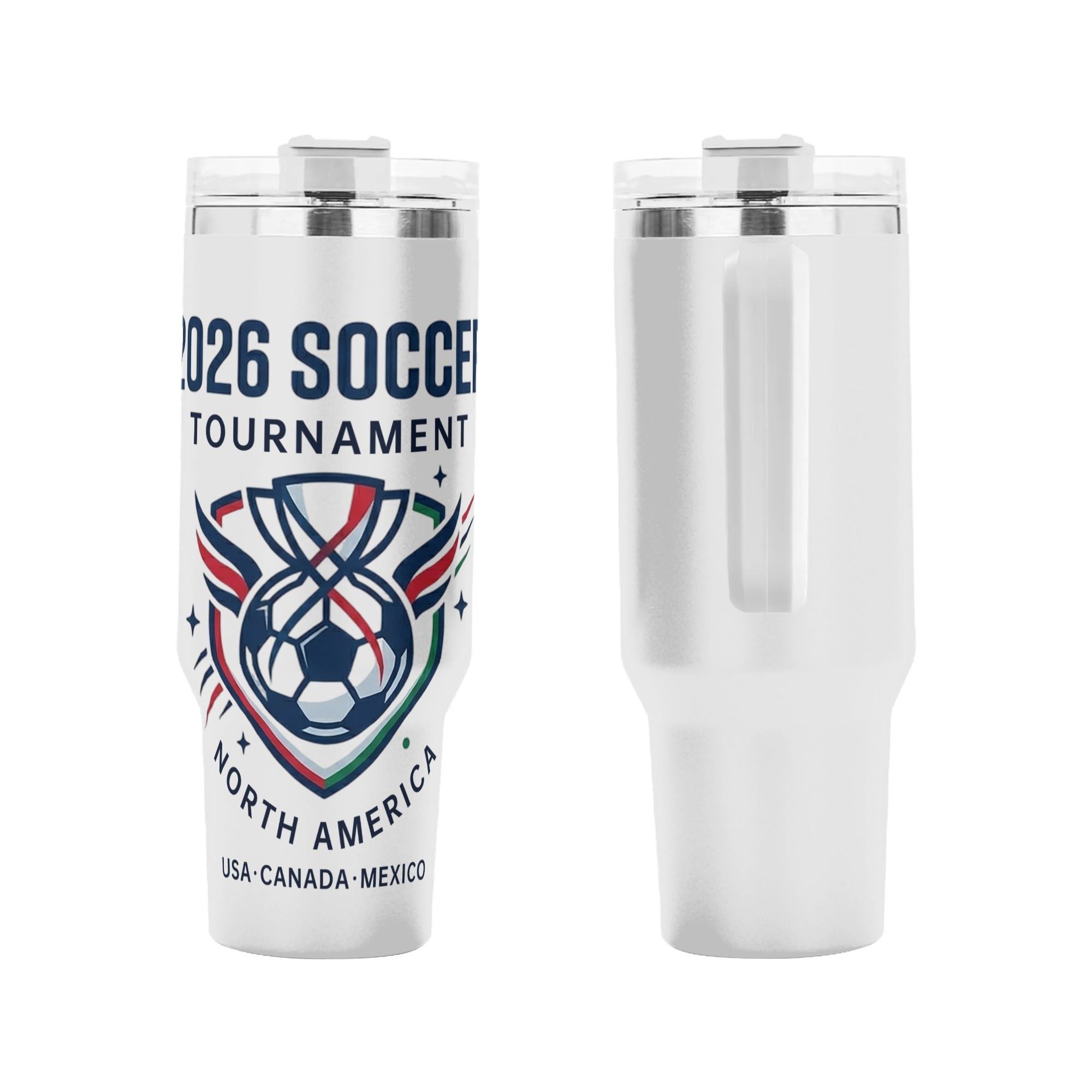 Front and side shot of 2026 World Cup joint host winged trophy soccer shield tumbler, clean athletic patriotic graphic printed stainless steel travel mug with side handle