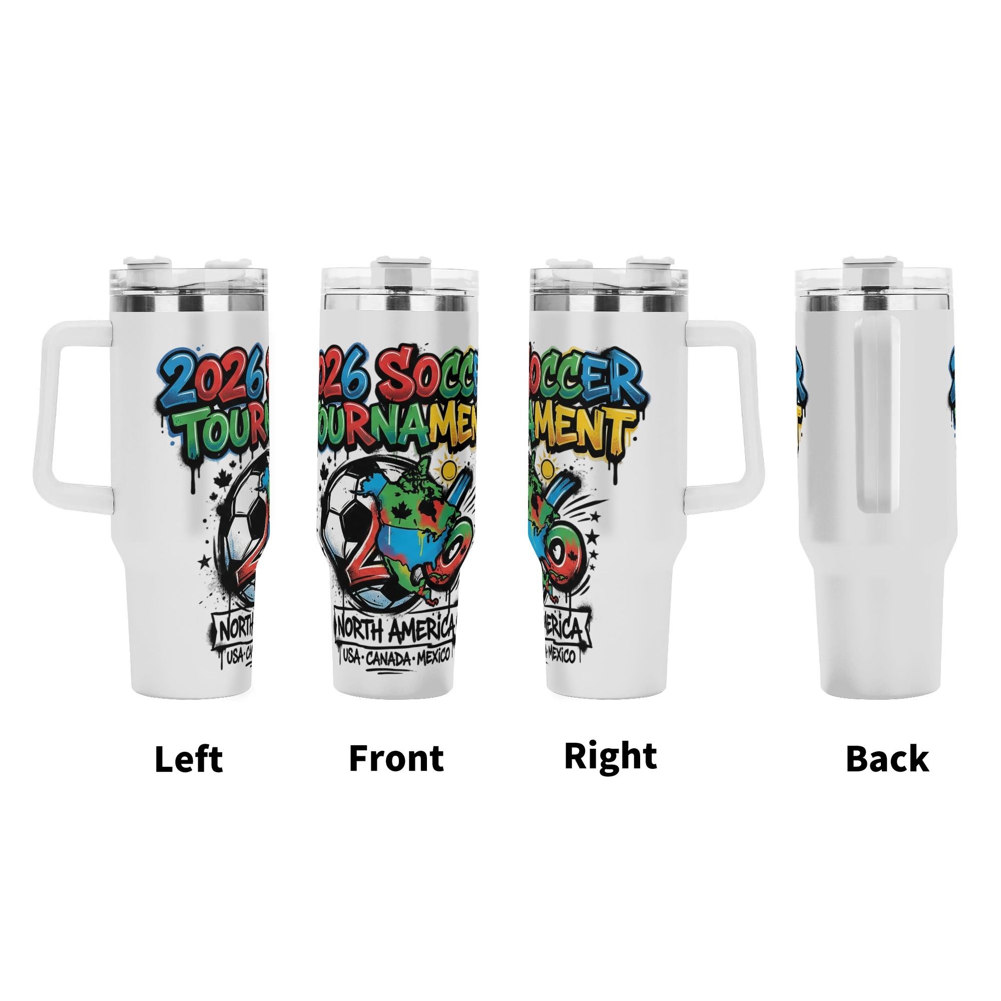 Four-angle presentation of 2026 three-host graffiti map soccer tumbler, full-wrap vibrant street art print insulated mug with ergonomic side handle