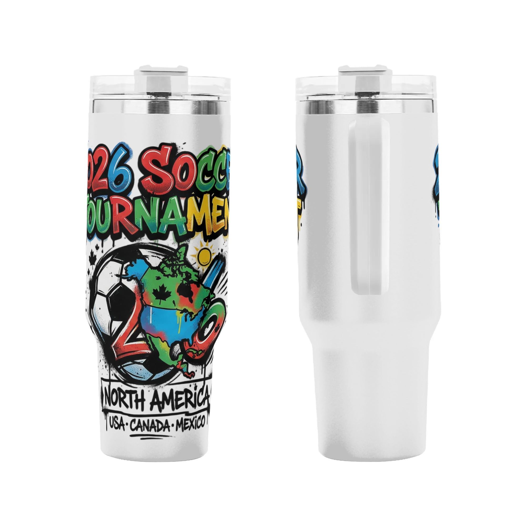 Front and side close-up of 2026 USA Canada Mexico drip graffiti soccer globe tumbler, bold multi-color street art patriotic graphic stainless steel travel cup with integrated handle
