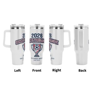 Four-angle presentation of 2026 three-host trophy soccer tumbler, full-wrap vintage shield print insulated mug with ergonomic side handle