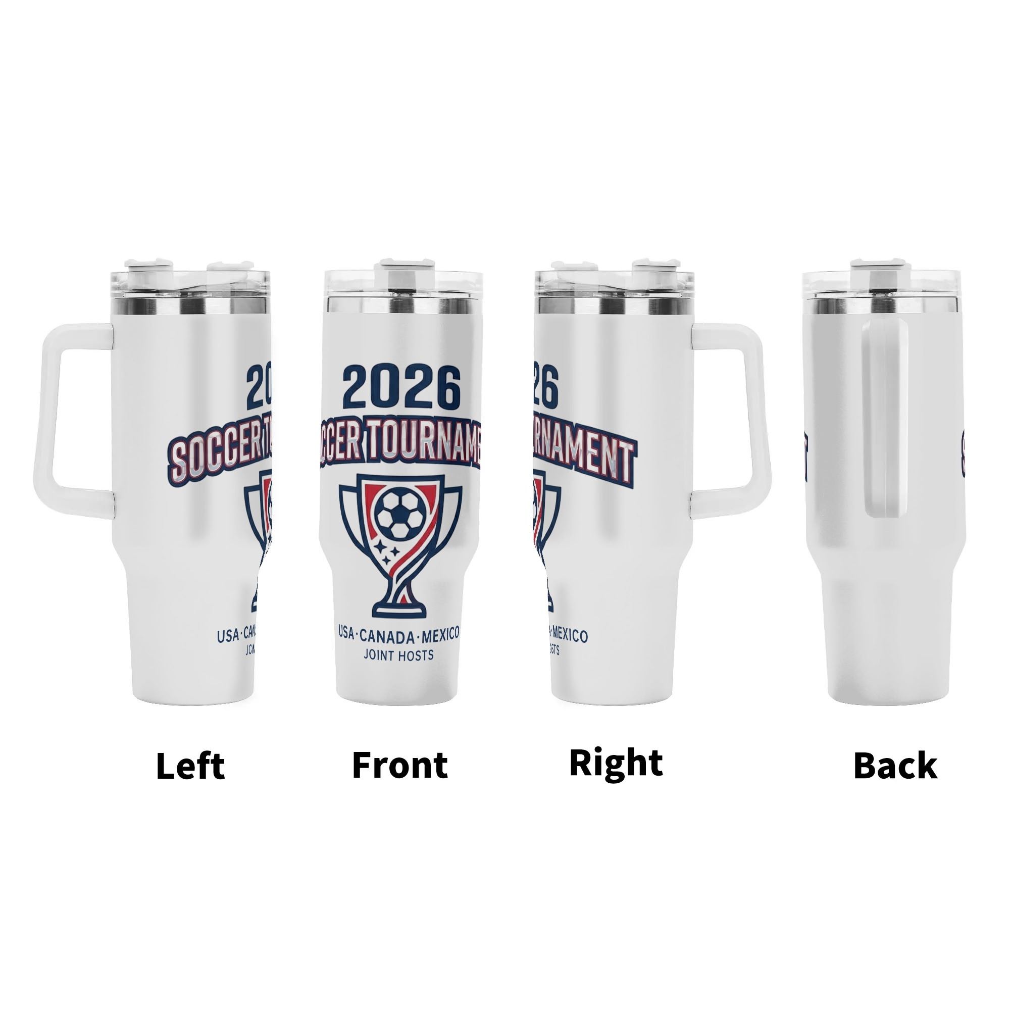 Four-angle presentation of 2026 three-host trophy soccer tumbler, full-wrap vintage shield print insulated mug with ergonomic side handle