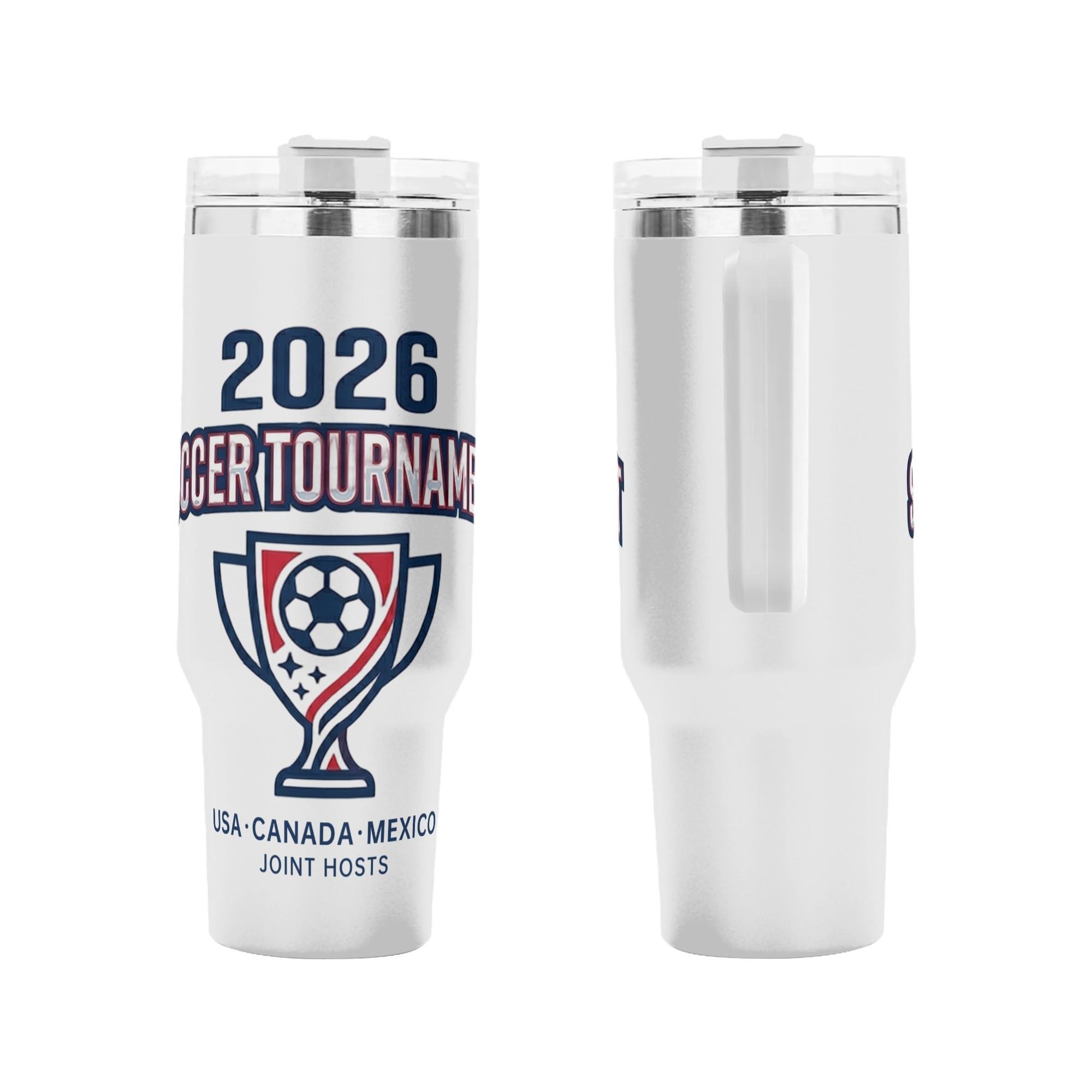 Front and side close-up of 2026 USA Canada Mexico soccer trophy tumbler, clean varsity patriotic emblem graphic stainless steel travel cup with integrated handle