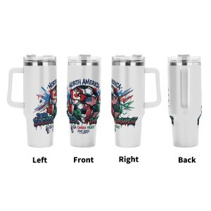Full four-view showcase of 2026 joint host graffiti soccer globe tumbler, full wrap spray splatter maple cactus national flag print large insulated cup with ergonomic grip handle