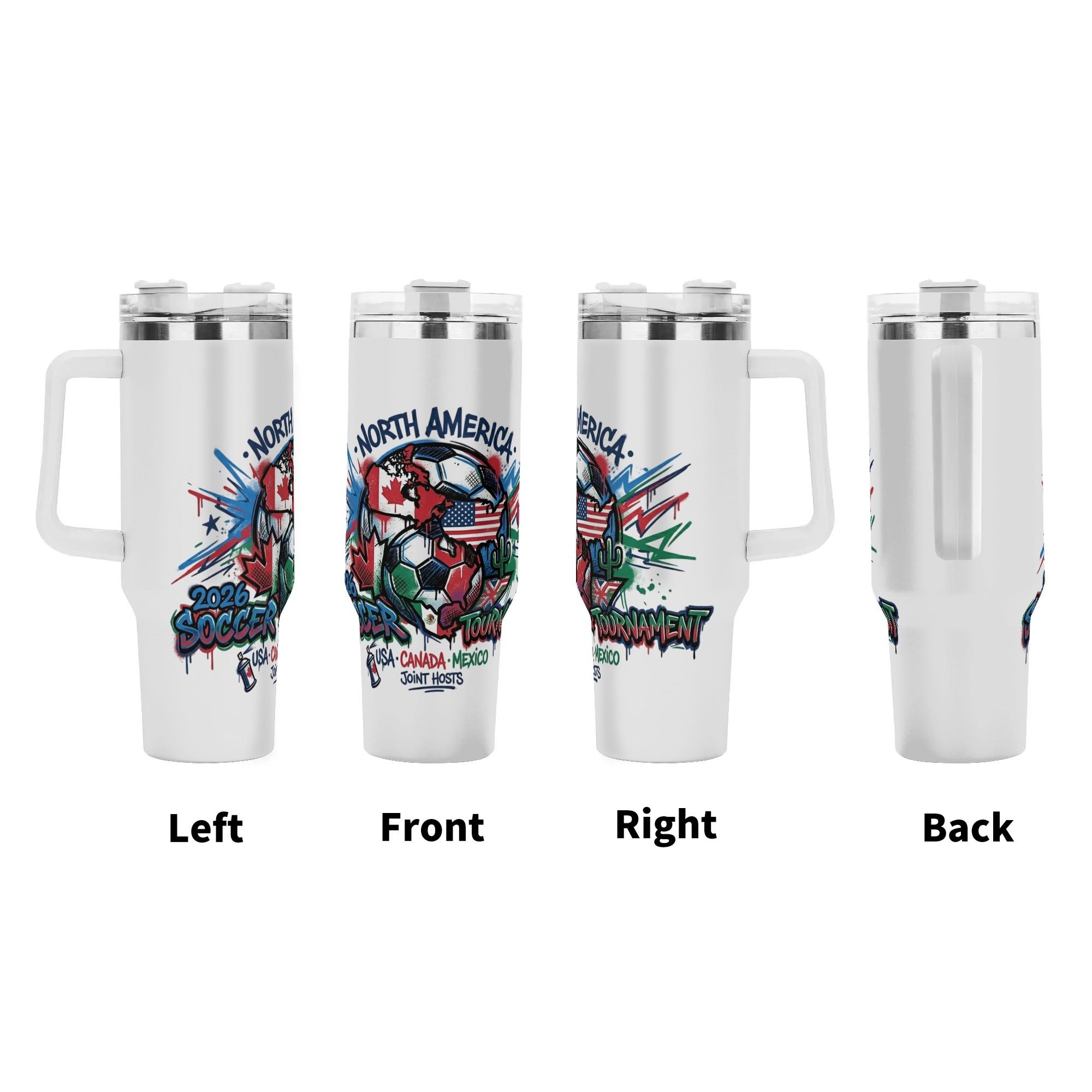 Full four-view showcase of 2026 joint host graffiti soccer globe tumbler, full wrap spray splatter maple cactus national flag print large insulated cup with ergonomic grip handle