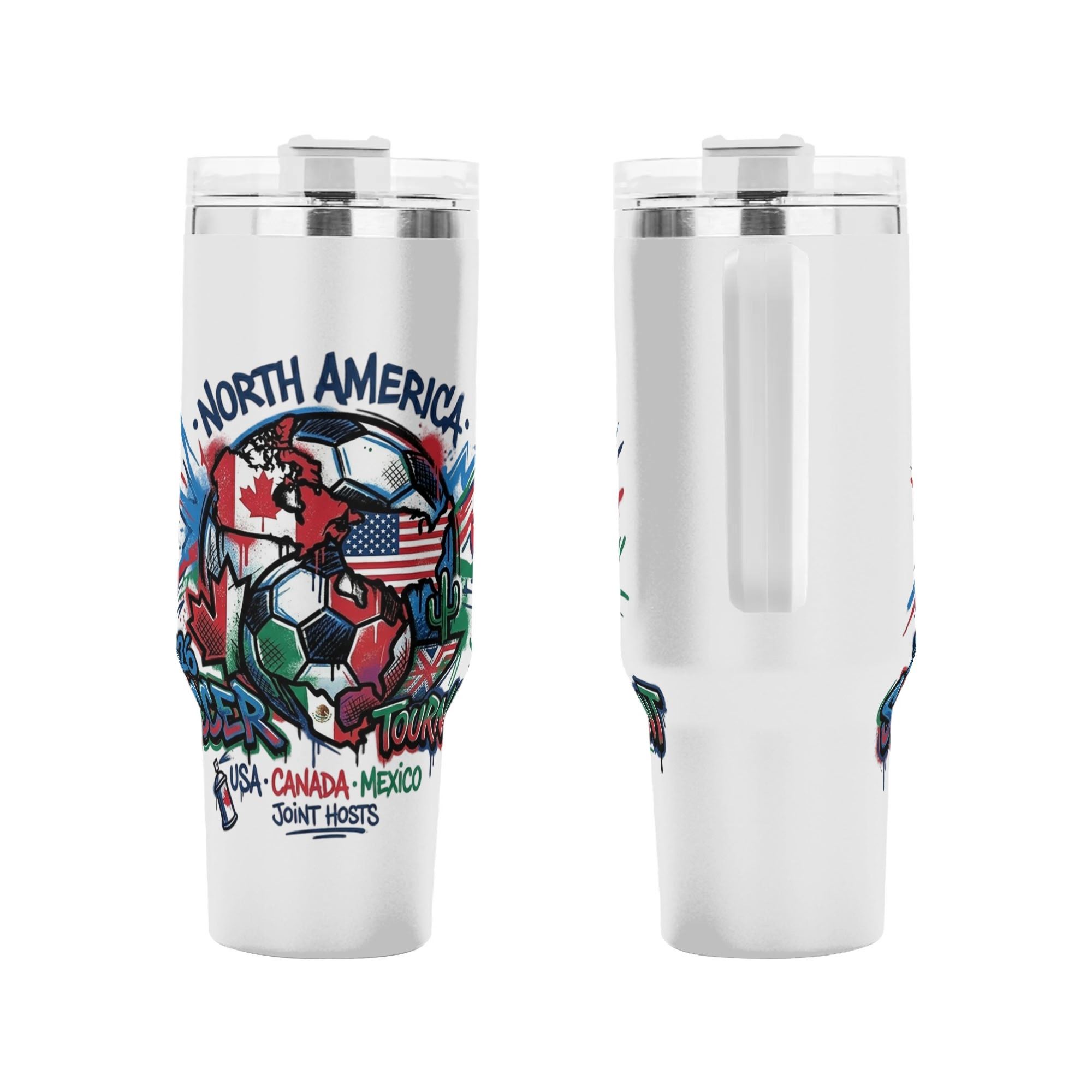 Front and side shot of 2026 World Cup USA Canada Mexico drip graffiti soccer globe tumbler, trendy street art patriotic graphic printed stainless steel travel mug with side handle