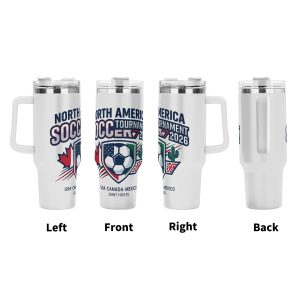 Four-angle presentation of 2026 three-host shield soccer tumbler, full-wrap vintage patriotic crest print insulated mug with ergonomic side handle