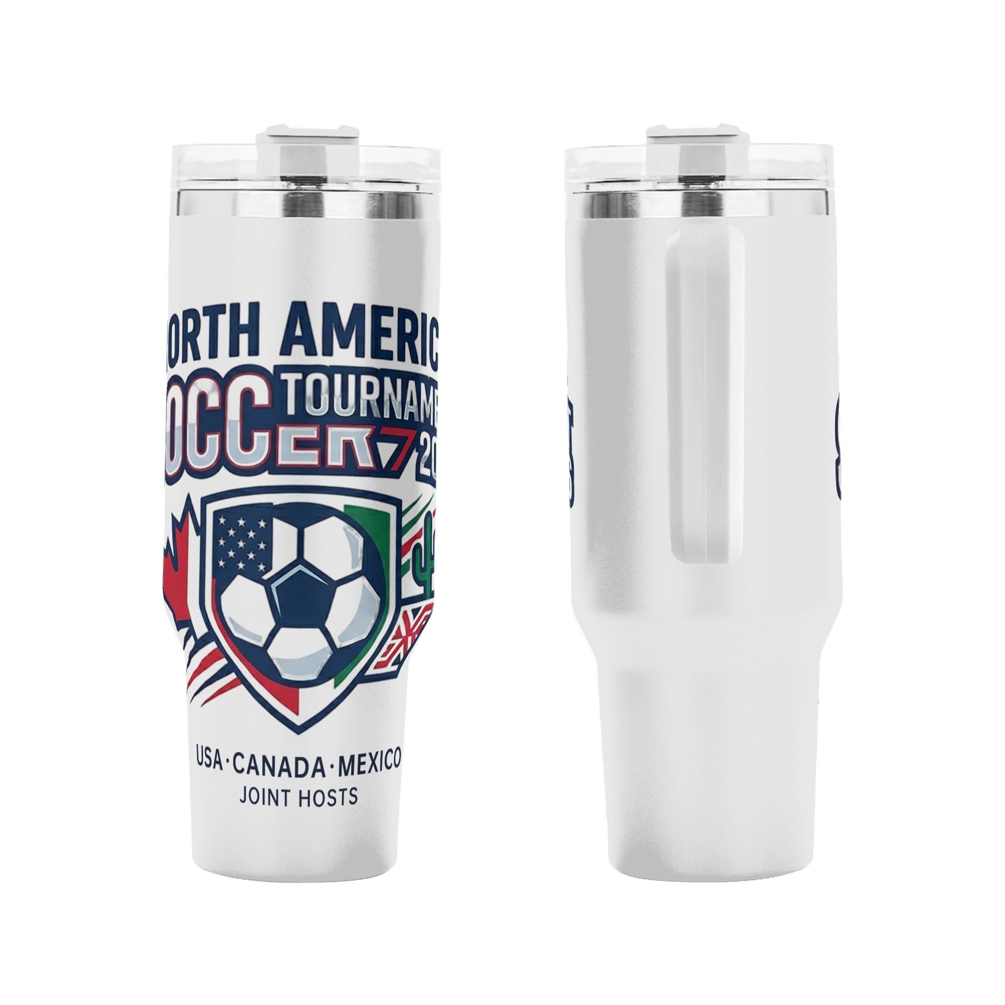 Front and side close-up of 2026 USA Canada Mexico soccer shield tumbler, clean varsity maple cactus patriotic emblem stainless steel travel cup with integrated handle