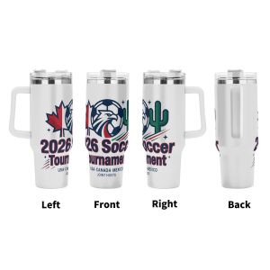 Four-view showcase of 2026 joint-host eagle maple cactus soccer tumbler, full-wrap vintage patriotic crest print insulated cup with ergonomic grip handle