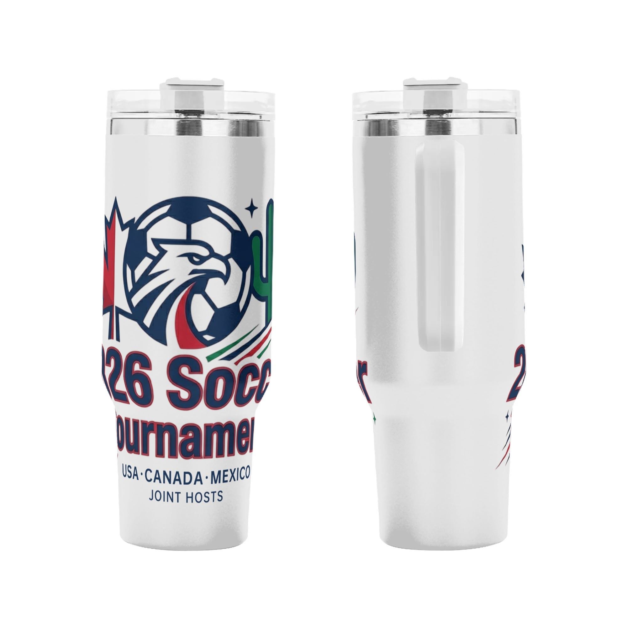 Front and side close-up of 2026 USA Canada Mexico eagle soccer shield tumbler, clean varsity patriotic emblem graphic printed stainless steel travel mug with integrated side handle