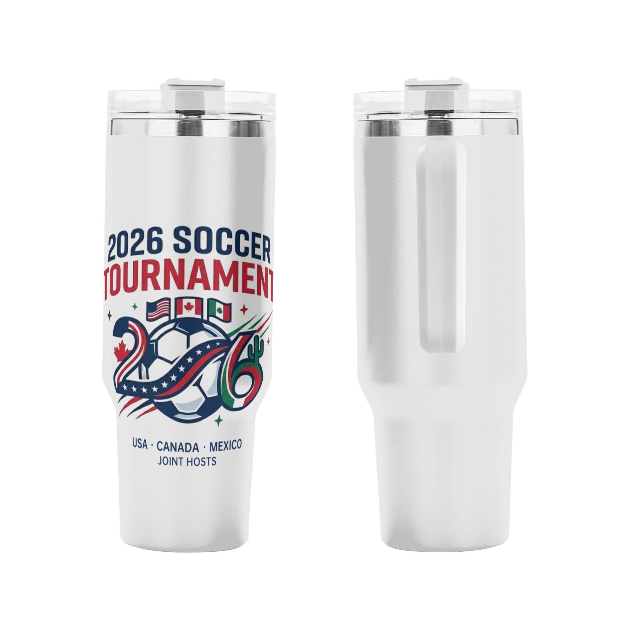 Front and side shot of 2026 World Cup USA Canada Mexico flag ribbon soccer ball tumbler, unique creative patriotic graphic printed stainless steel travel mug with side handle