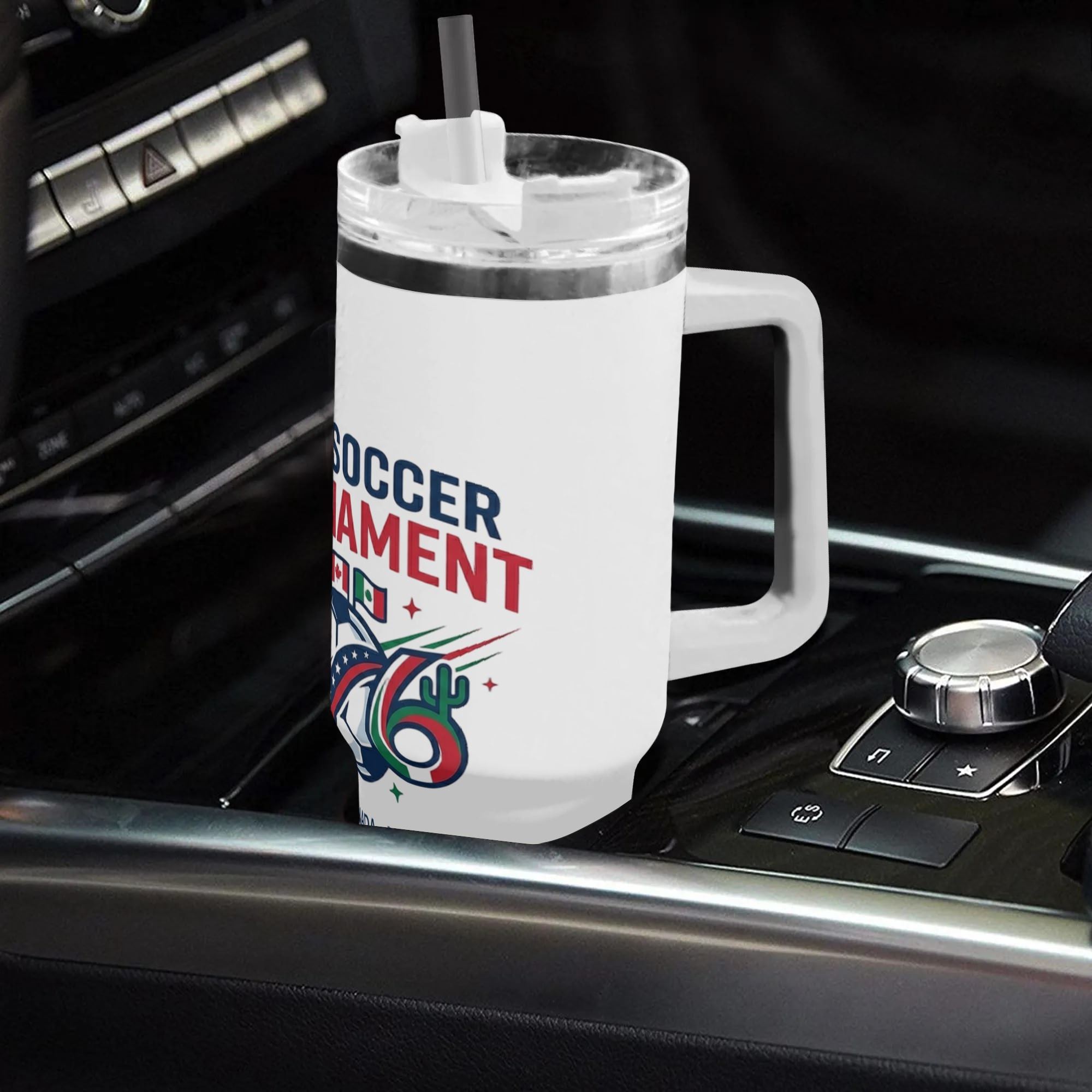 40oz 2026 World Cup creative flag ribbon number 26 soccer ball handled tumbler placed in car gear shift console, patriotic three host country cactus print insulated stainless steel travel mug