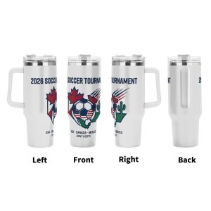 Four-angle presentation of 2026 three-host maple cactus soccer tumbler, full-wrap minimalist patriotic symbol print insulated mug with ergonomic side handle