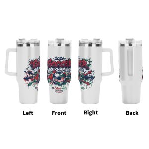 Four-view showcase of 2026 joint host arrow graffiti soccer tumbler, full wrap multi-color splash maple cactus national flag print large insulated cup with ergonomic grip handle
