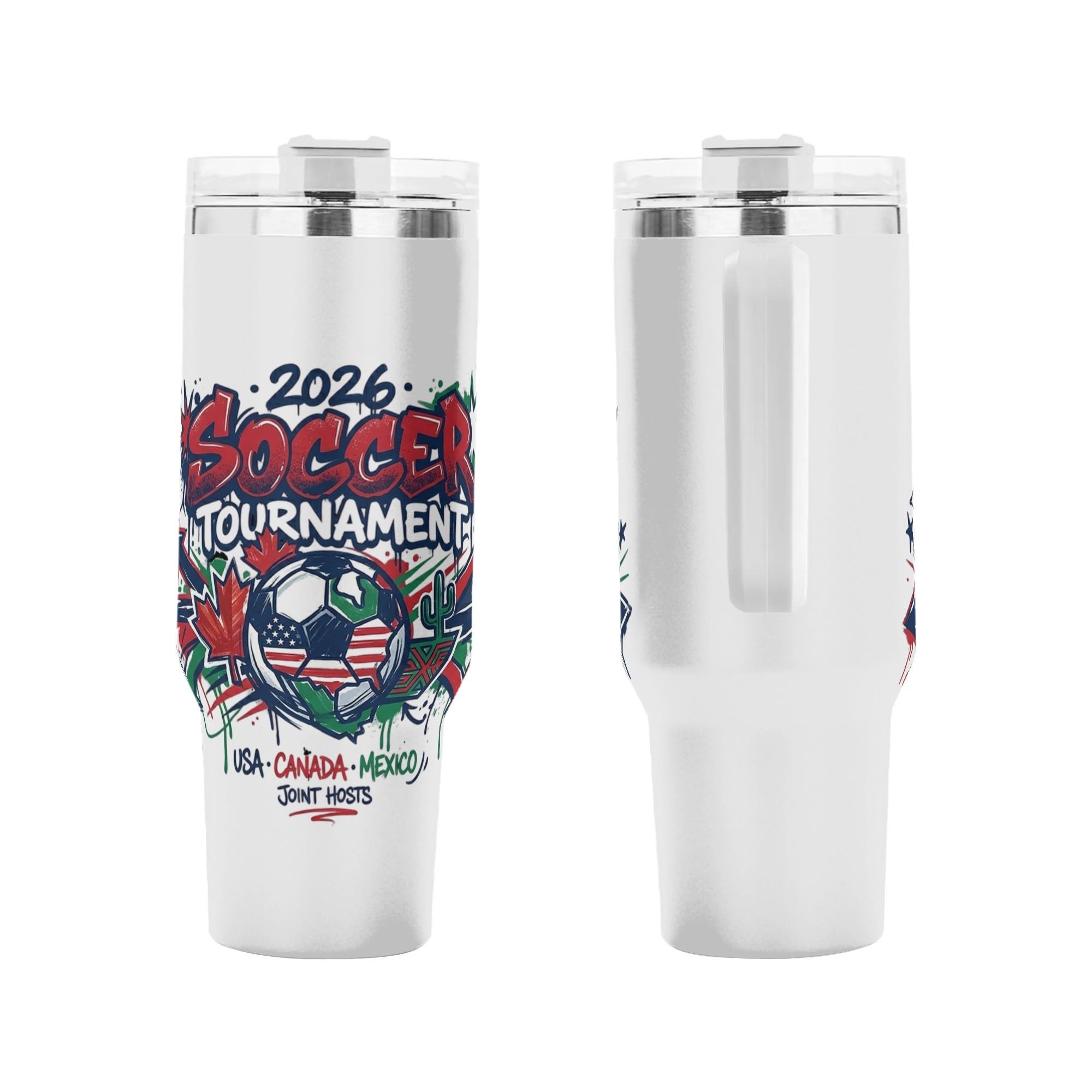 Front and side shot of 2026 World Cup USA Canada Mexico arrow splash graffiti soccer ball tumbler, bold street art patriotic graphic printed stainless steel travel mug with side handle