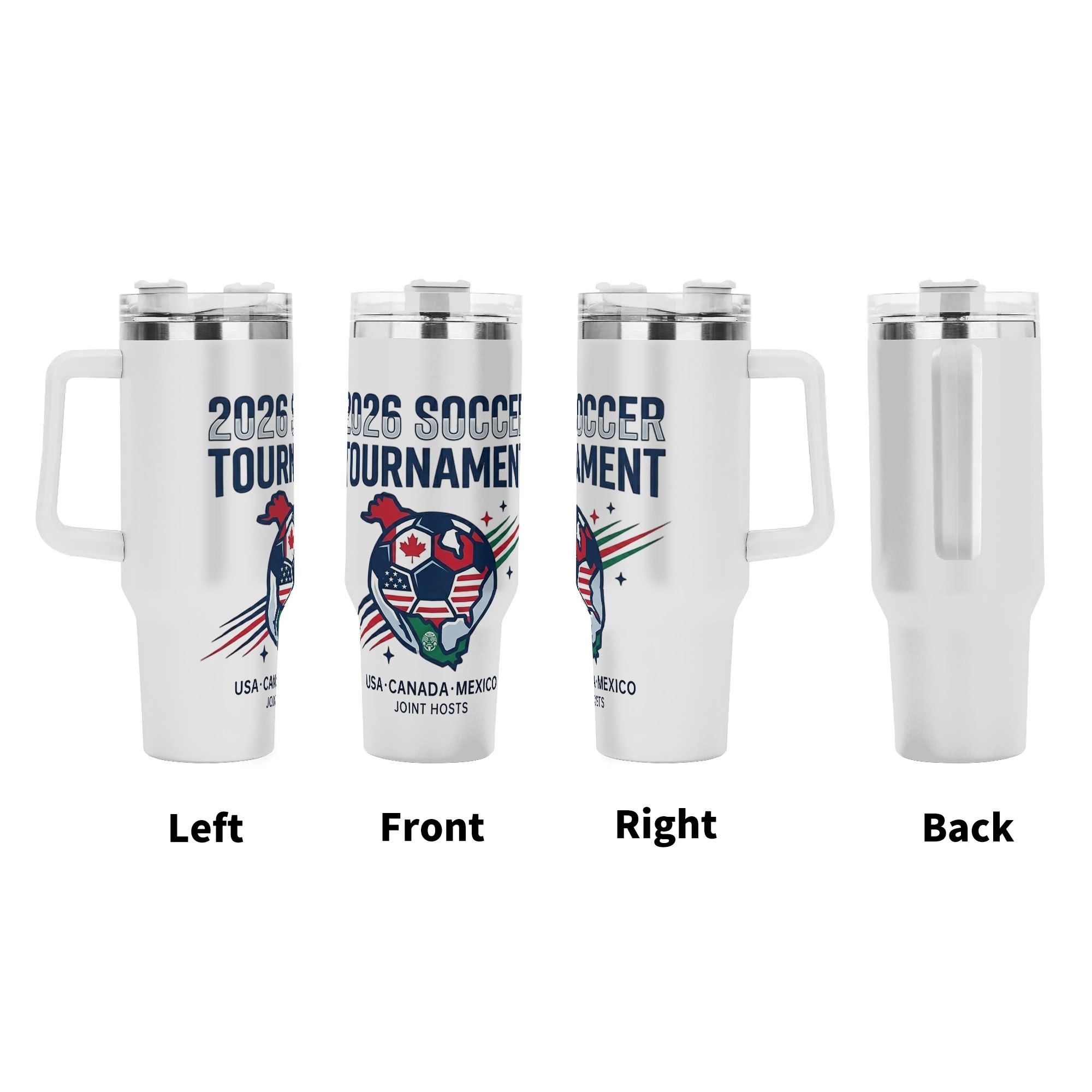 Blank white 40oz handled tumbler dimension marking diagram, 26.3cm tall car-friendly large thermal cup size parameter display