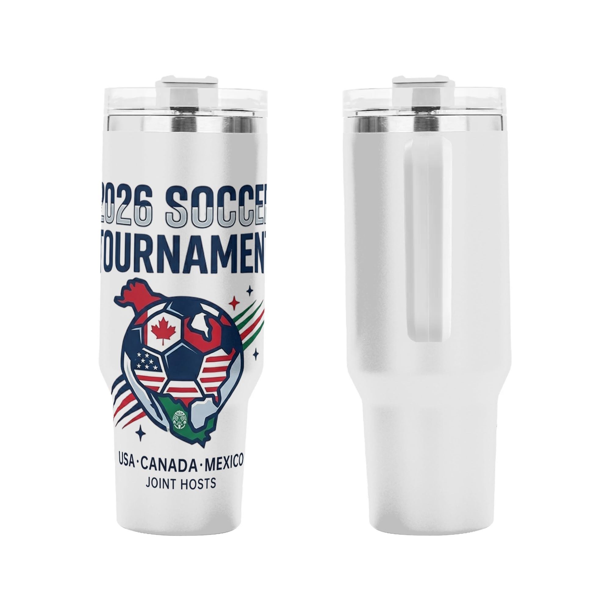 Four-angle presentation of 2026 joint-host flag soccer globe tumbler, full-wrap patriotic flag print insulated mug with ergonomic side handle