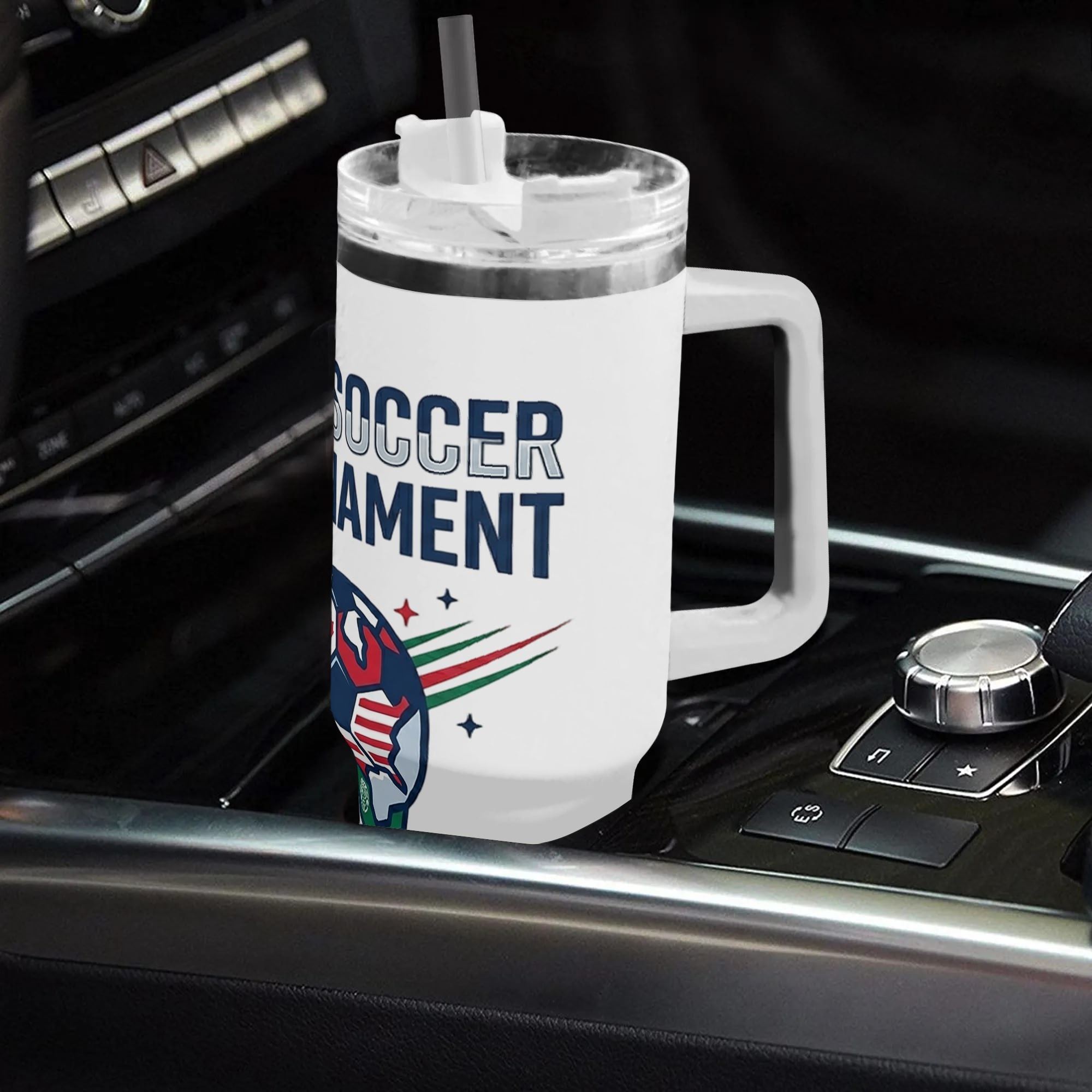 Front and side close-up of 2026 USA Canada Mexico flag soccer globe tumbler, retro star stripe patriotic graphic stainless steel travel cup with integrated handle
