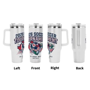 North America 2026 soccer crest patriotic tumbler four-view showcase, full wrap vintage maple cactus national flag print large insulated cup with ergonomic grip handle