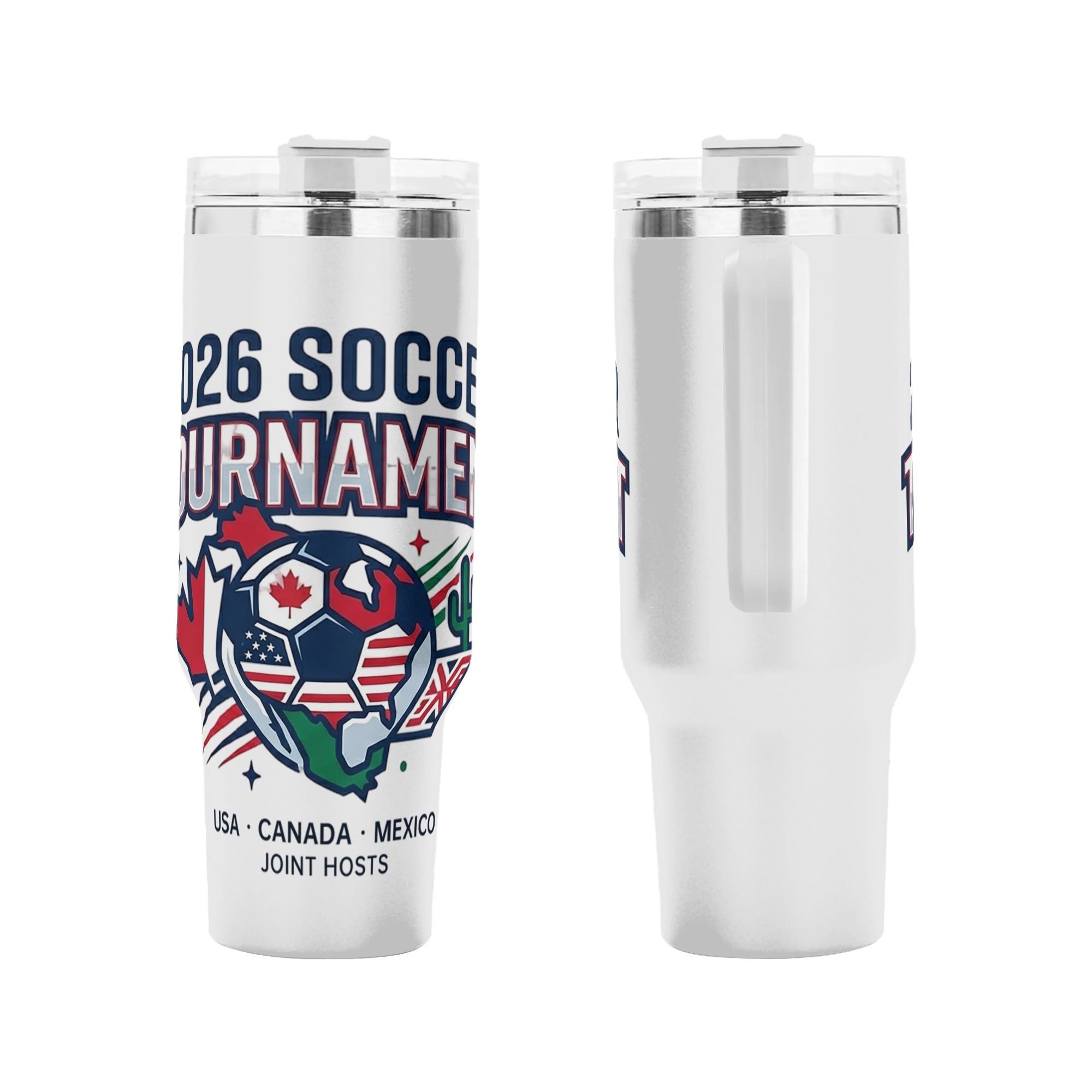 Front and side shot of 2026 World Cup USA Canada Mexico maple cactus soccer shield tumbler, retro athletic patriotic badge graphic printed stainless steel travel mug with side handle