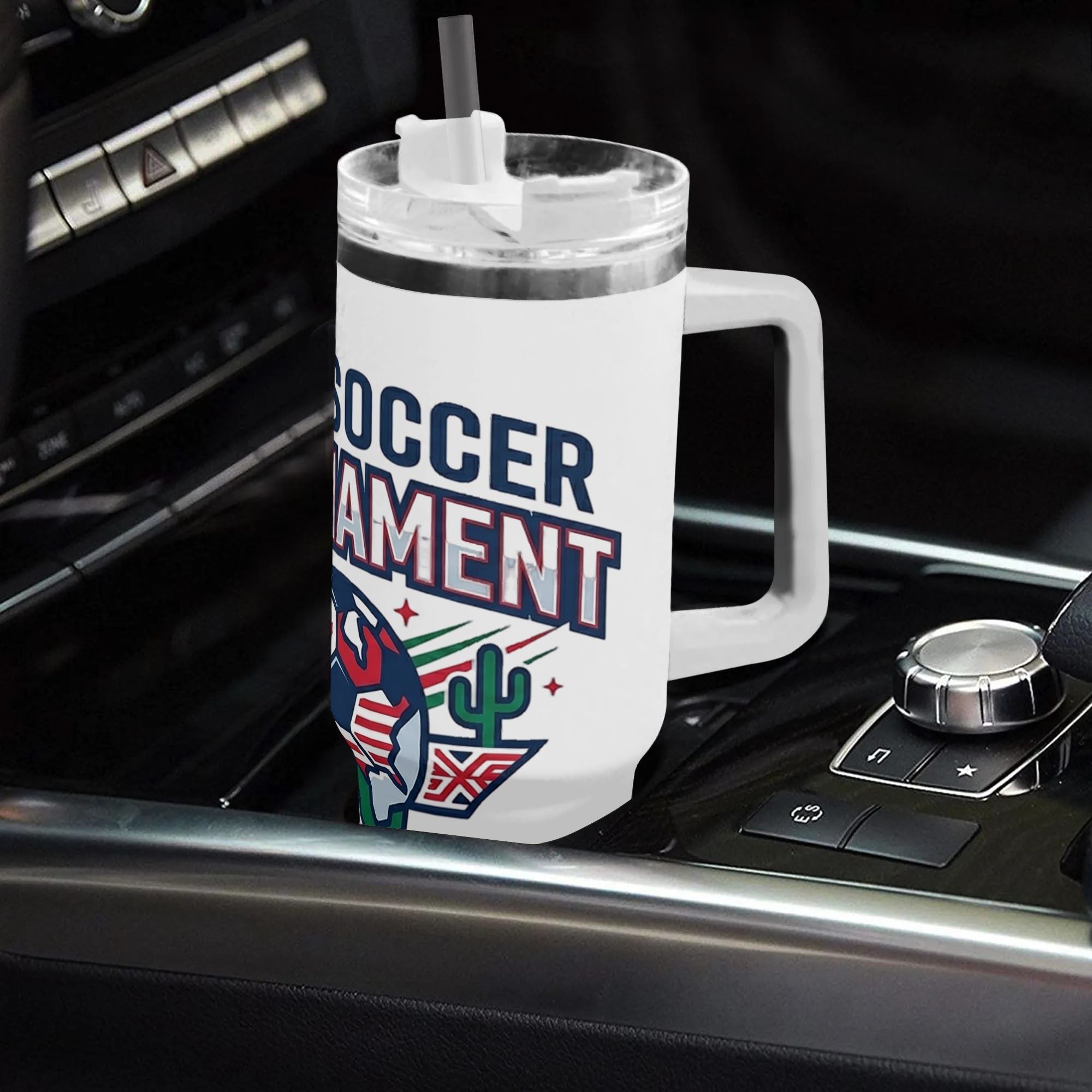 40oz 2026 World Cup vintage maple cactus soccer crest handled tumbler placed in car gear shift console, three joint host patriotic shield print insulated stainless steel travel mug