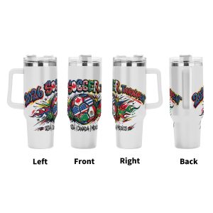 Four-view showcase of 2026 three-host flame graffiti soccer tumbler, full-wrap splash flag print insulated cup with ergonomic handle