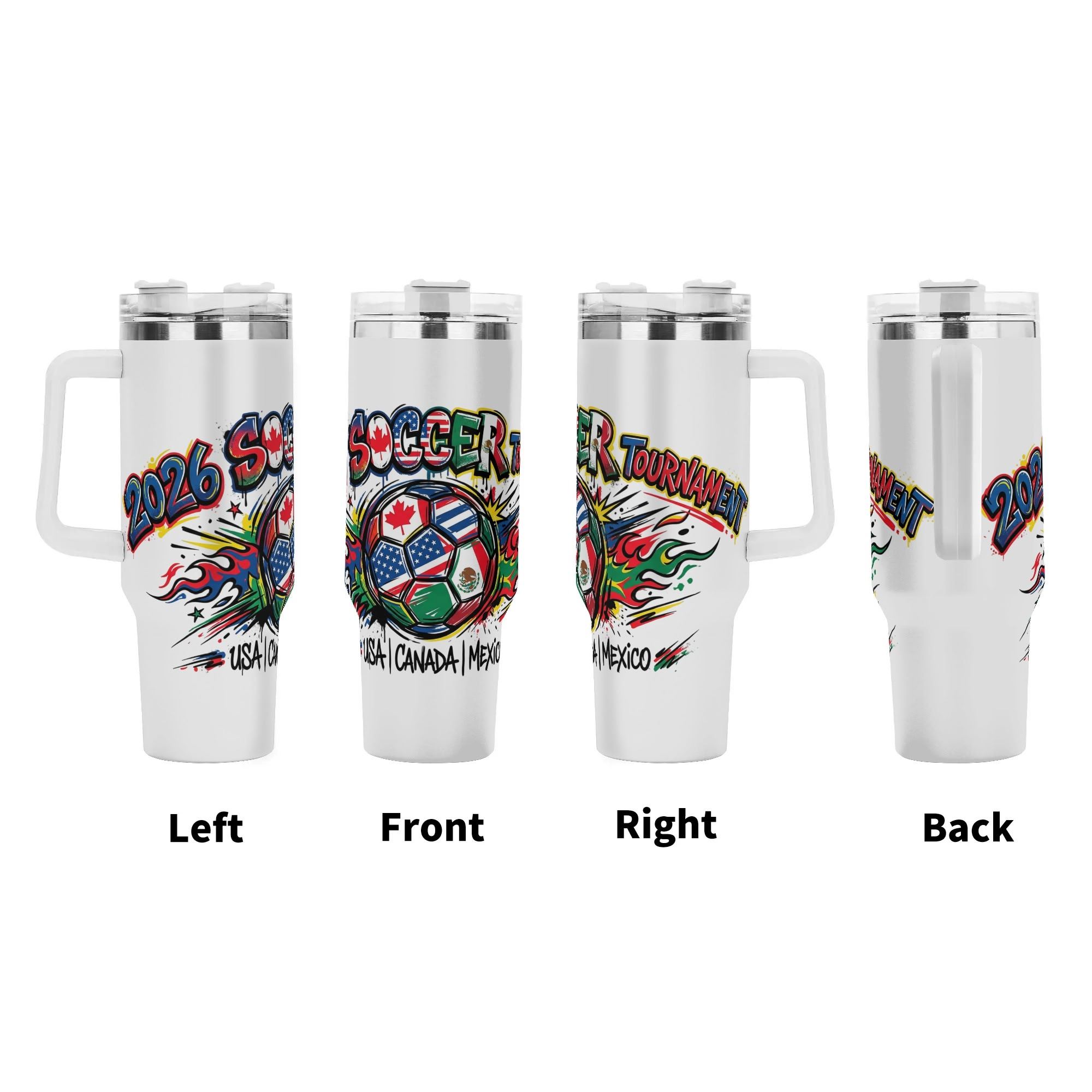 Four-view showcase of 2026 three-host flame graffiti soccer tumbler, full-wrap splash flag print insulated cup with ergonomic handle