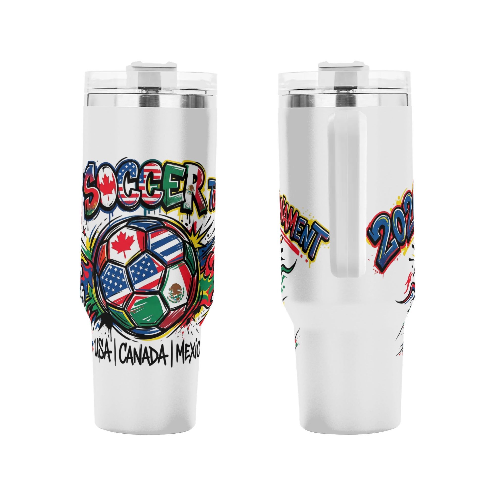Front and side close-up of flame splash USA Canada Mexico flag soccer tumbler, colorful street art patriotic graphic stainless steel travel mug with integrated side handle
