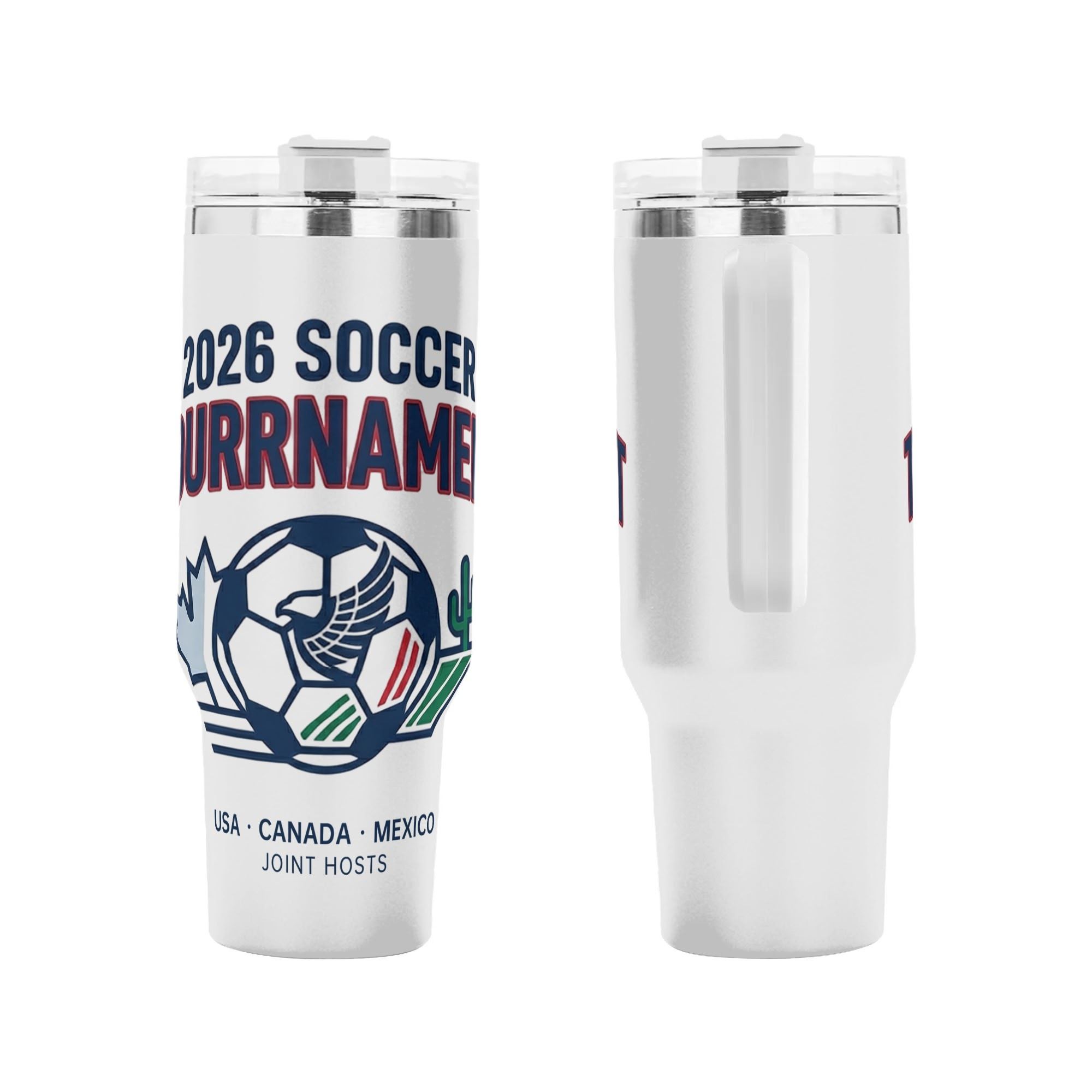 Front and side shot of 2026 World Cup USA Canada Mexico vintage eagle soccer shield tumbler, clean two-tone patriotic crest graphic printed stainless steel travel mug with side handle
