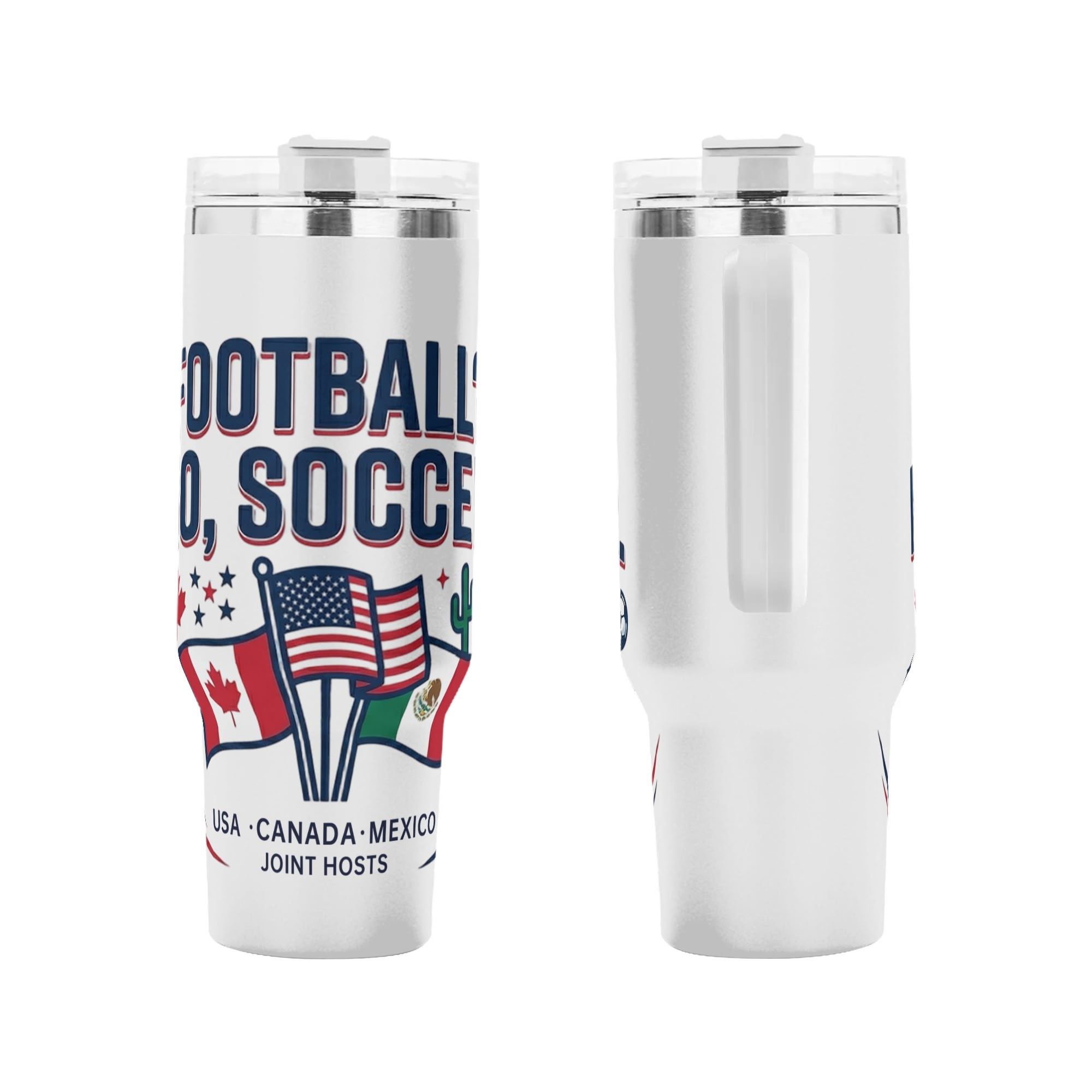 Front and side close-up of "Football No Soccer" tri-national flag tumbler, playful terminology-themed patriotic stainless steel travel cup with integrated handle