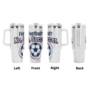 Four-angle presentation of humorous soccer quote tumbler, full-wrap curve soccer ball print insulated mug with ergonomic side handle