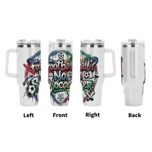 Four-angle presentation of soccer slogan graffiti tumbler, full-wrap shield street art print insulated mug with ergonomic side handle