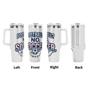 Four-side view of 2026 World Cup funny slogan tumbler, full-wrap varsity typography + host country symbols printed insulated cup with ergonomic handle