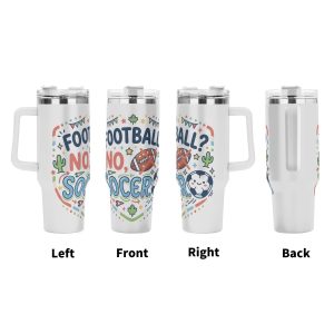 Four-side display of kawaii soccer slogan tumbler, full wrap colorful bunting cactus maple leaf doodle print large insulated cup with ergonomic handle