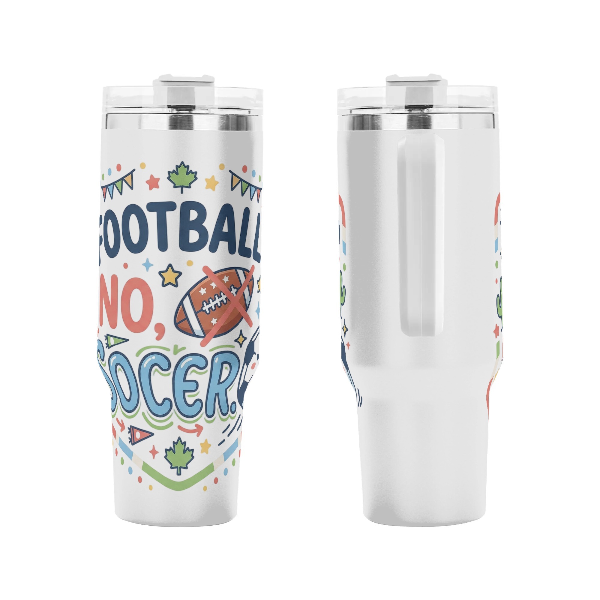 Front and back view of funny football vs soccer cartoon tumbler, vibrant doodle typography printed stainless steel travel mug with side grip handle